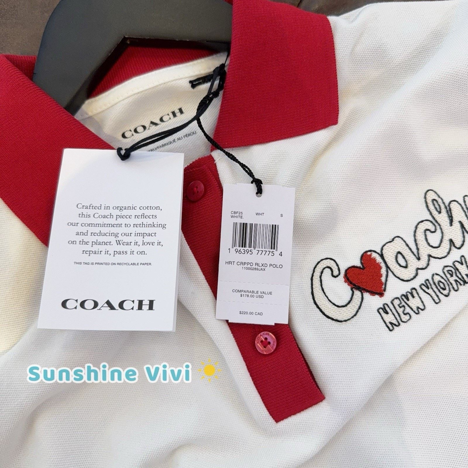 Strawberry NWT Coach Heart Cropped Relaxed Polo White CBF25 Small Size S / US 4 / IT 40 - 3 Thumbnail