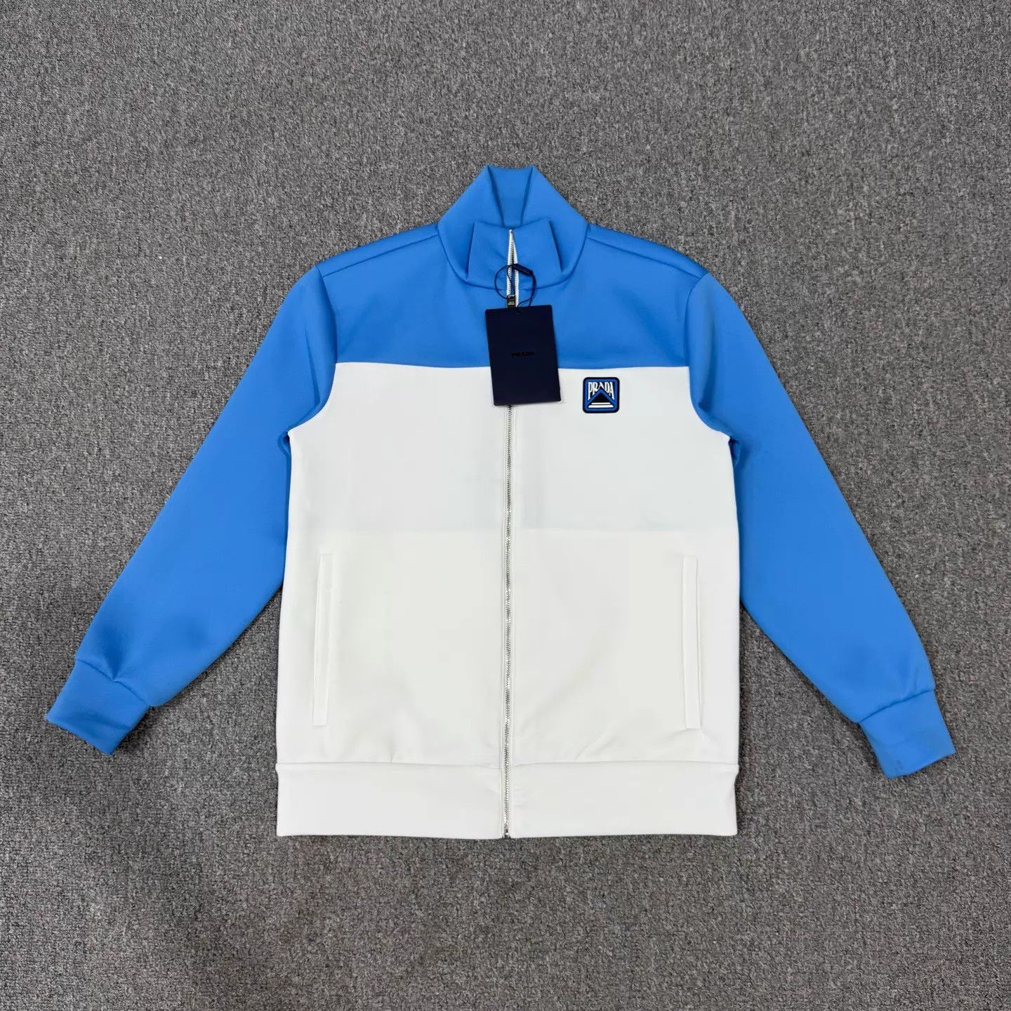 Prada Prada White & Blue Colorblock Leather Logo Zip Jacket S Size US S / EU 44-46 / 1 - 1 Thumbnail