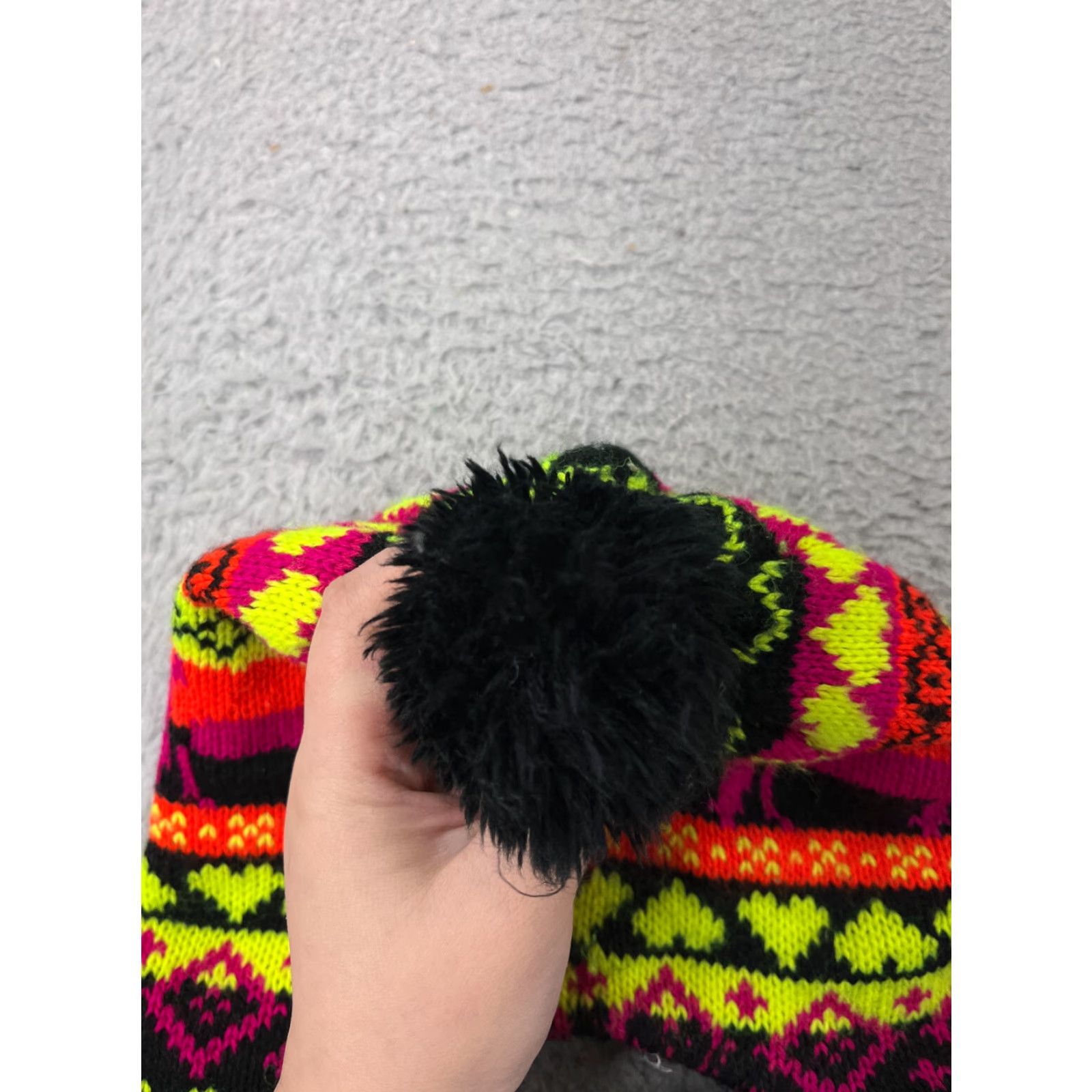 Pinko Heart Beanie Toque One Size Adult Yellow Pink Stripe Ear Flaps Acrylic Pom - Unbranded Beanie Hat Knit Size ONE SIZE - 3 Thumbnail