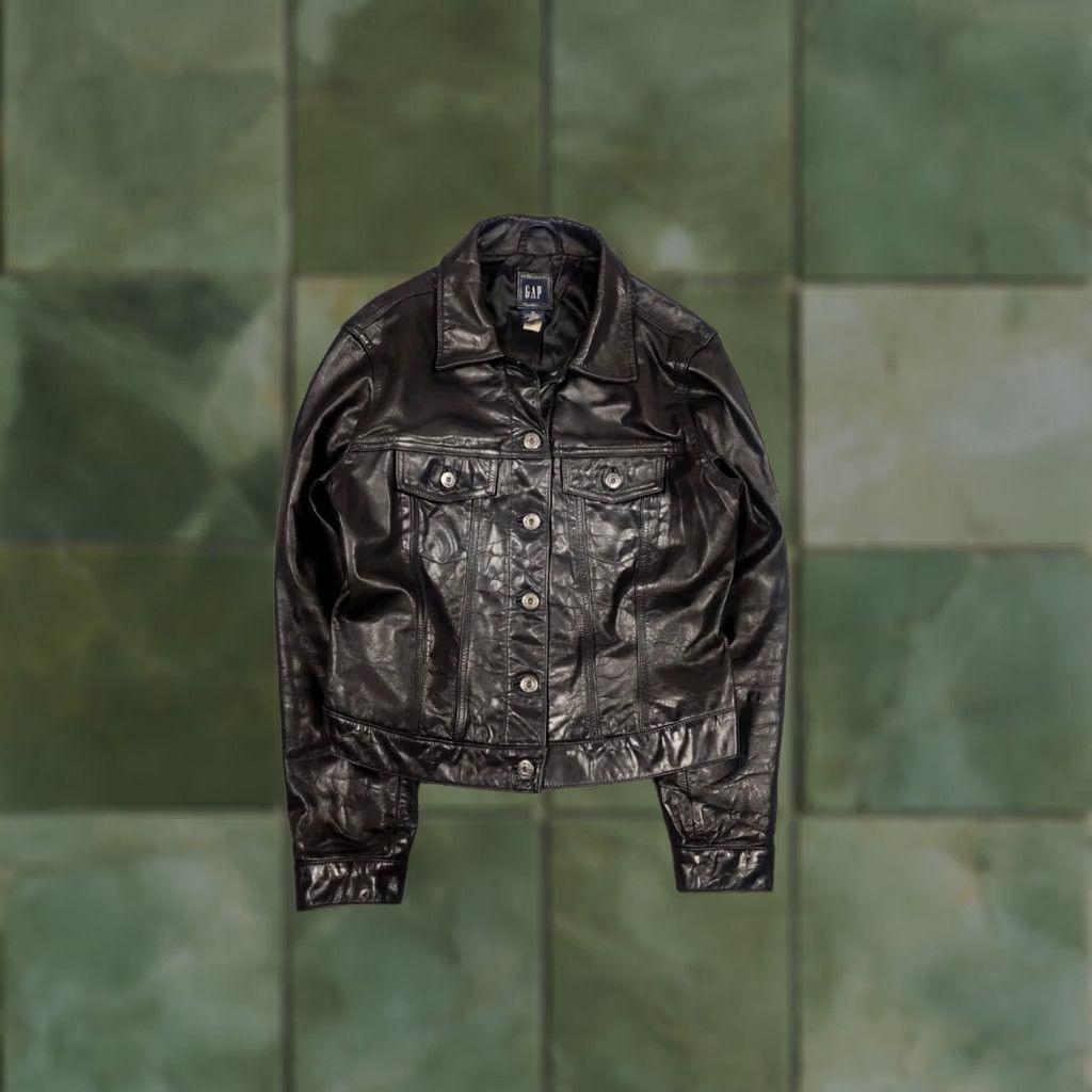 Gap VINTAGE Gap Jacket Stone Black Leather Trucker Rockstar 90s Biker Mid-Length Long Sleeve Women XS? (Original size M) Size M / US 6-8 / IT 42-44 - 1 Thumbnail