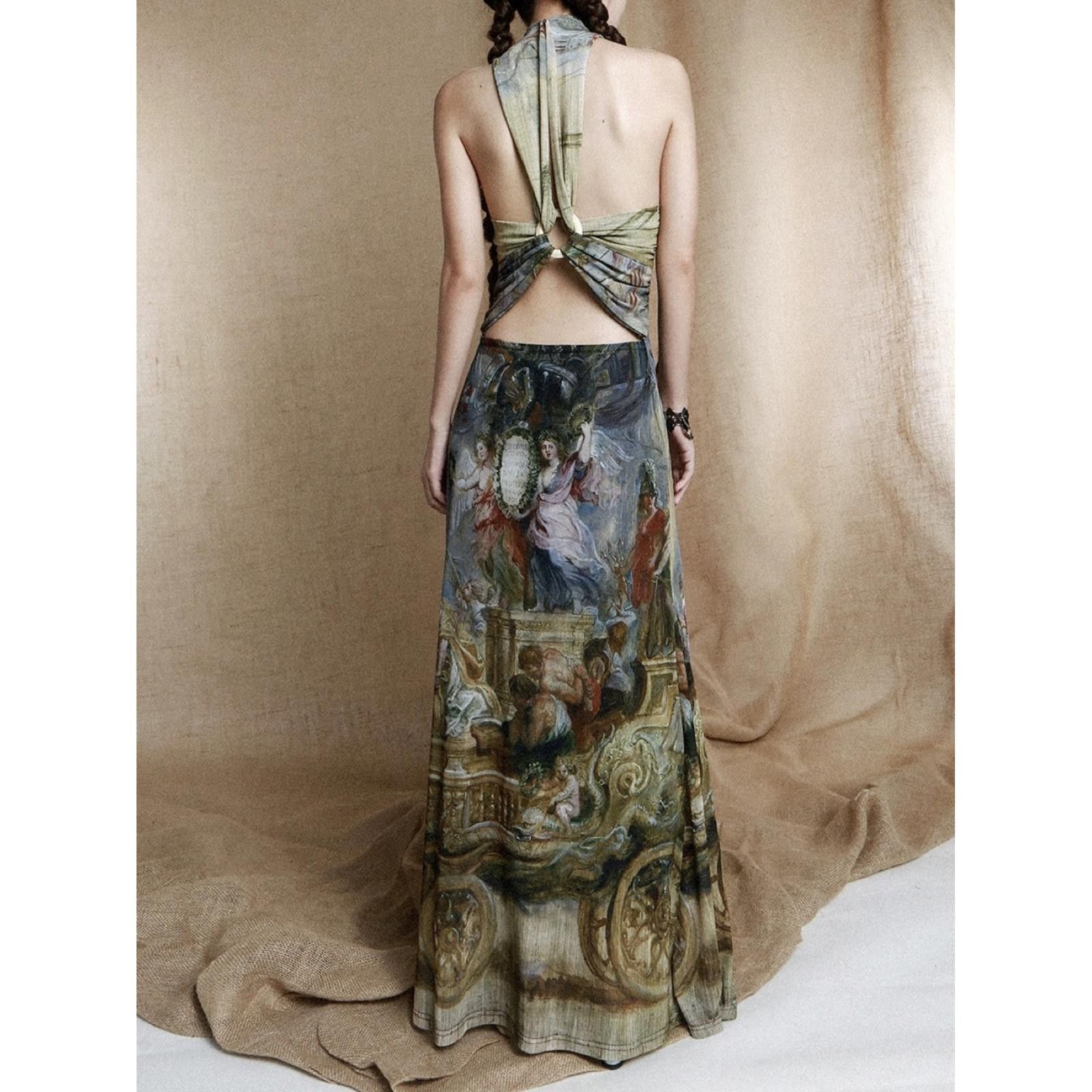 Japanese Brand Vintage Style Painting Print Halter Maxi Dress M Size M / US 6-8 / IT 42-44 - 2 Thumbnail