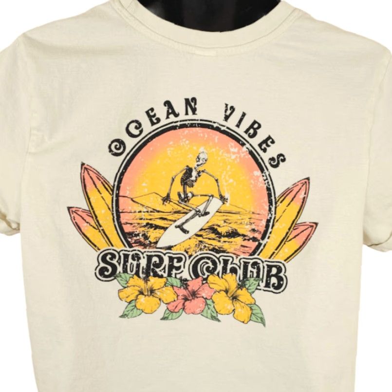 Vintage Vibe 'N Surf Club Crop Top T Shirt Womens Size Large Ivory Ocean Vibes Surfer Skeleton Size L / US 10 / IT 46 - 2 Thumbnail