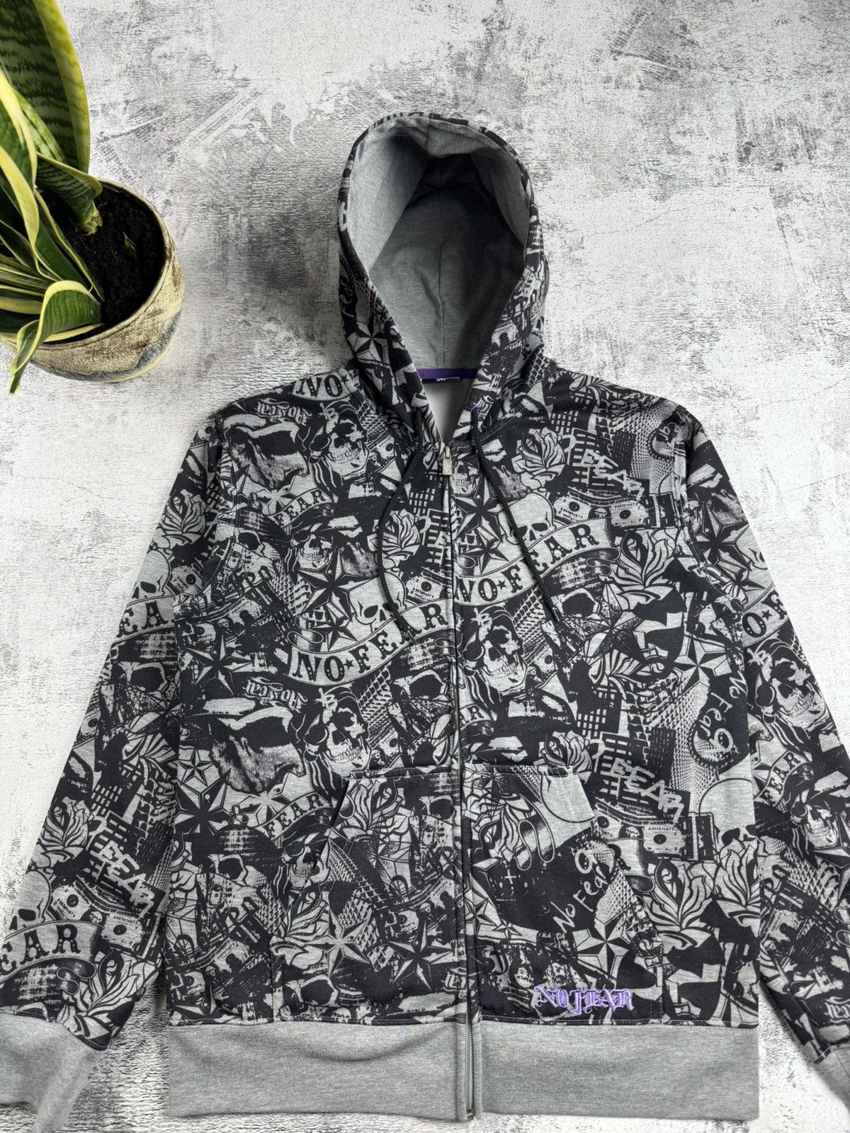 No Fear NO FEAR Rap Overprint Medium Hip Hop Monogram Gray Skulls Zip Hoodie Pullover Size US M / EU 48-50 / 2 - 5 Thumbnail