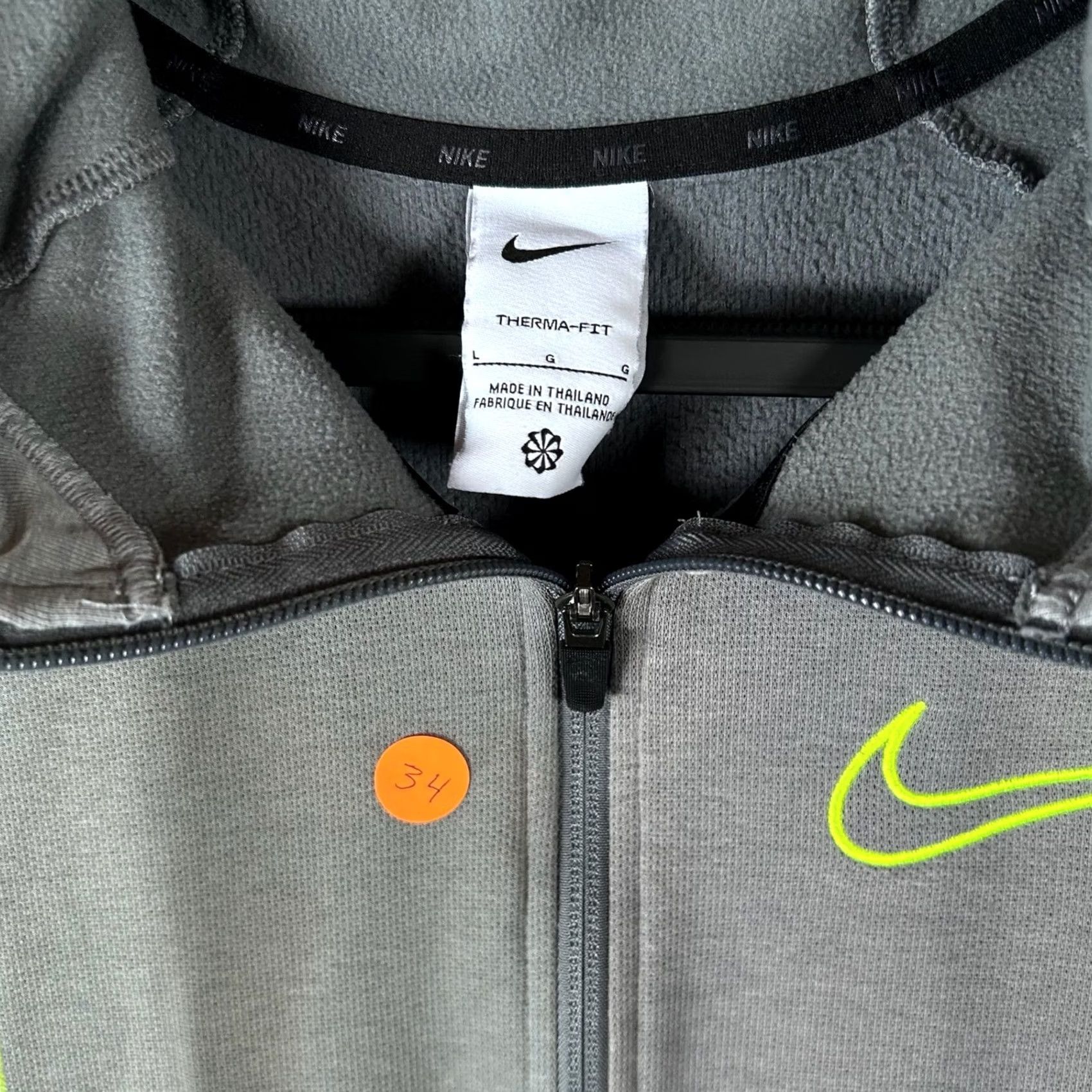 Nike Nike Therma-FIT Hoodie Mens Large Gray Full Zip Sweatshirt Neon Green Accents Size US L / EU 52-54 / 3 - 3 Thumbnail