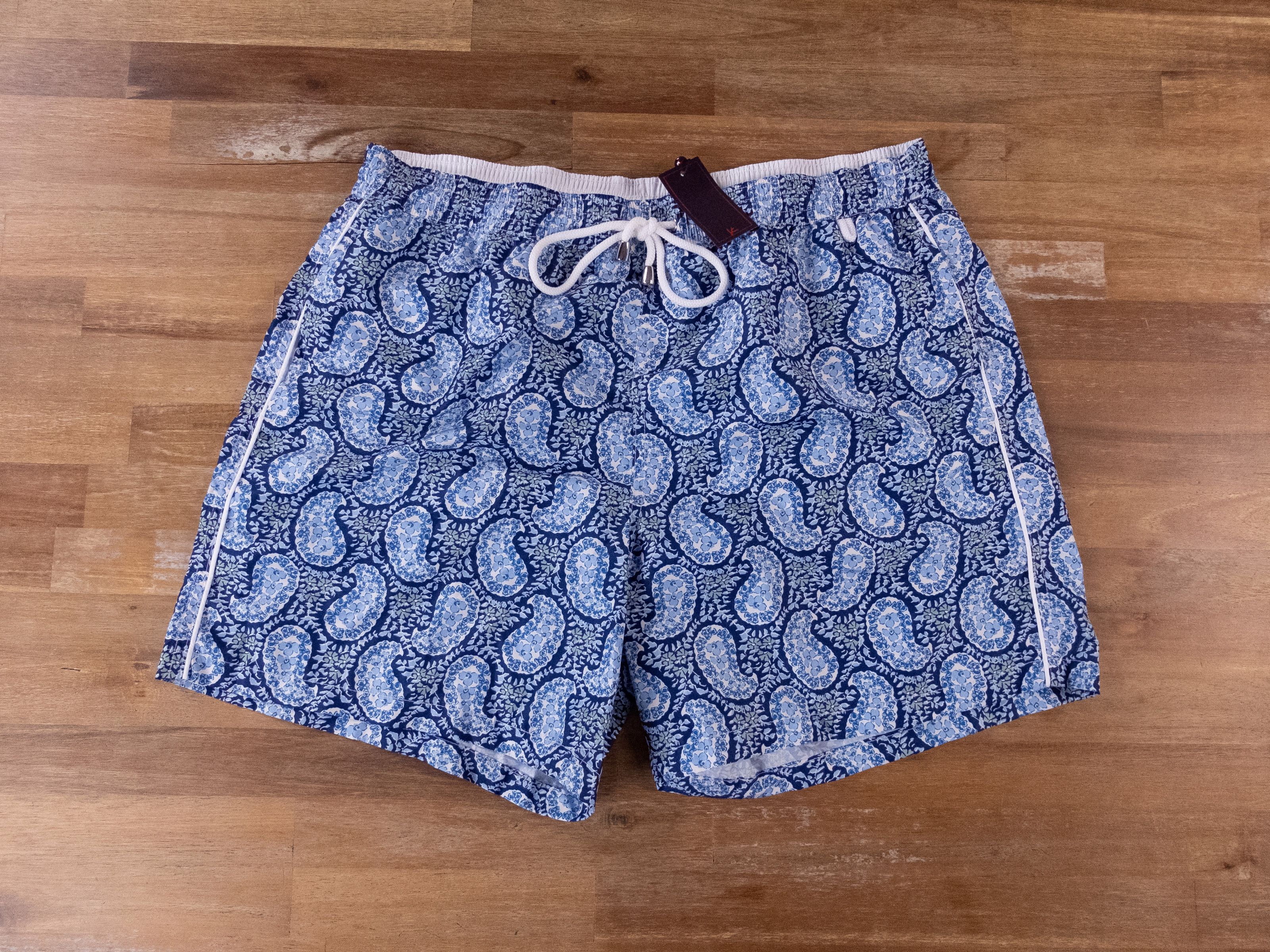 image of Isaia Napoli Blue White Paisley Swim Shorts Trunks 2Xl, Men's (Size 38)