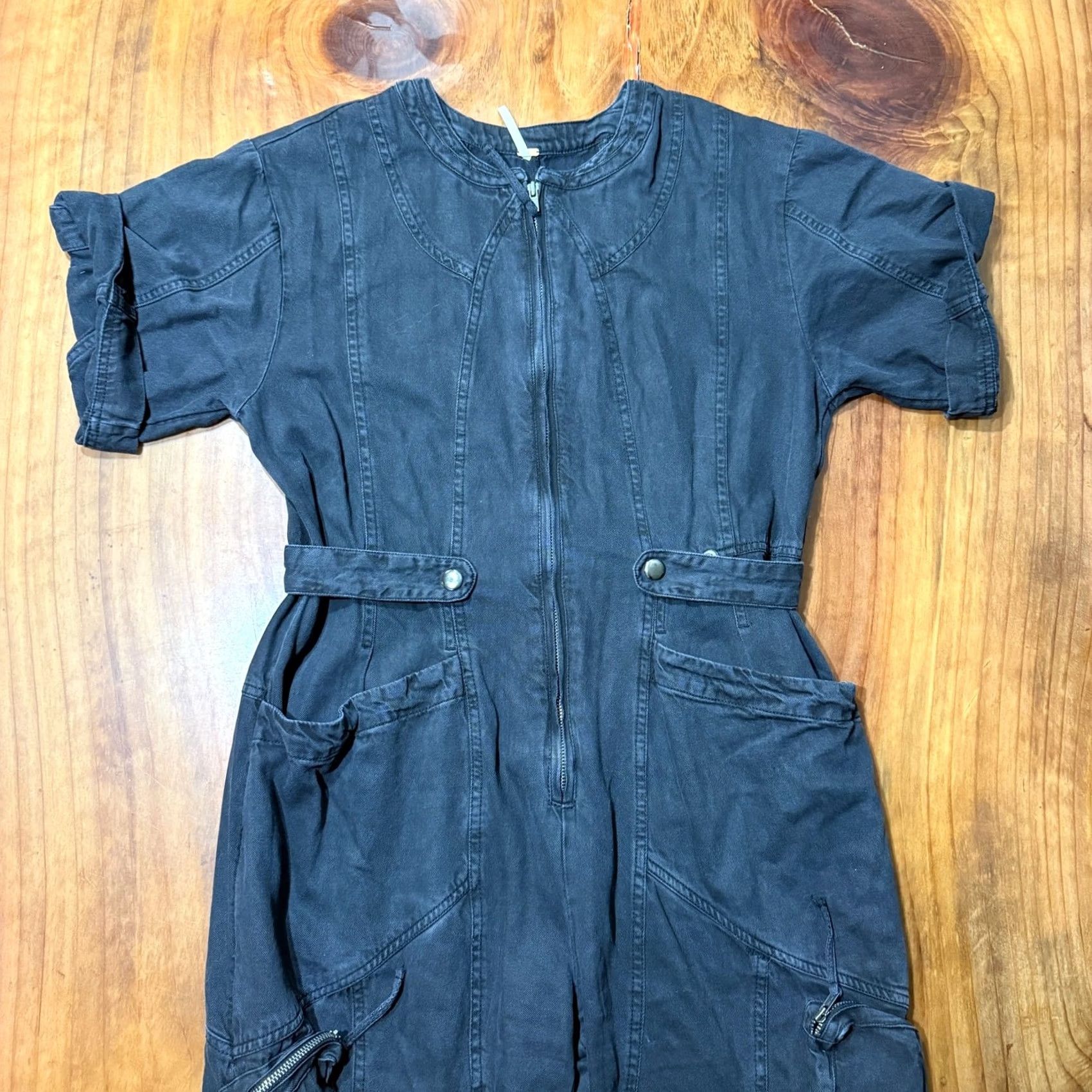 Free People Free People Marci Jumpsuit Coverall Women's Small Black Bohemian Casual Cotton Blend Short Sleeve Button Stretch Straight Leg Denim Bohemian Size 28" / US 6 / IT 42 - 2 Thumbnail