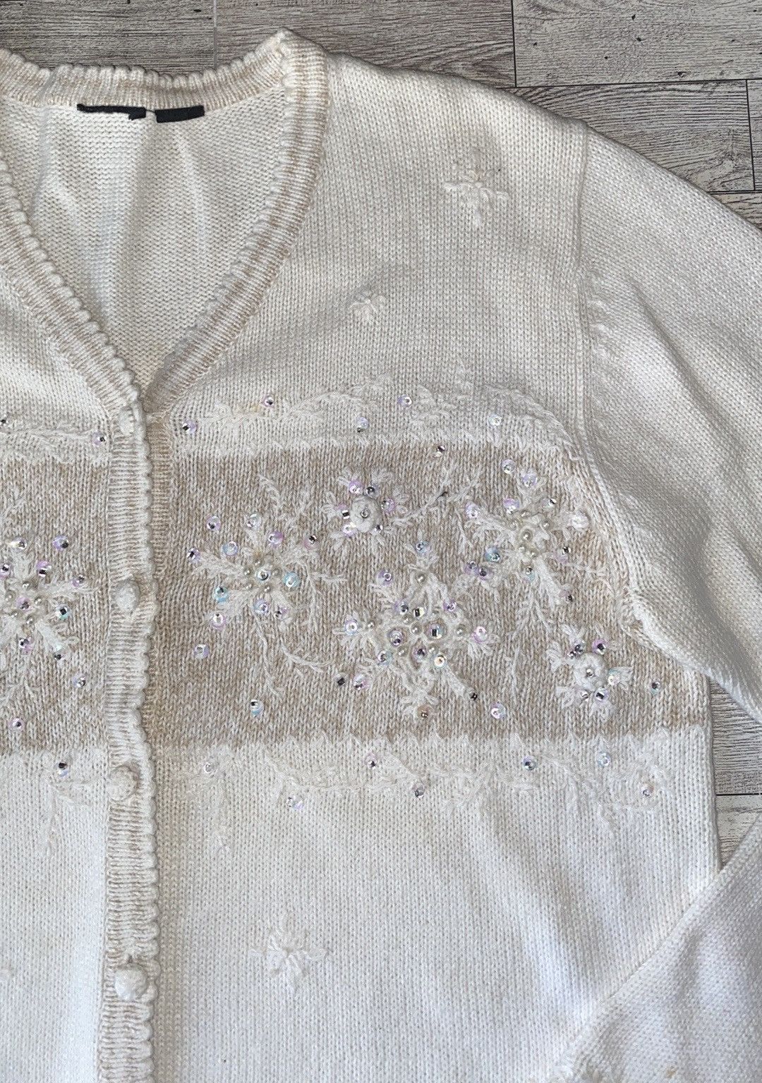 Vintage, Beige, Snowflake Embroidered, Button Down Sweater