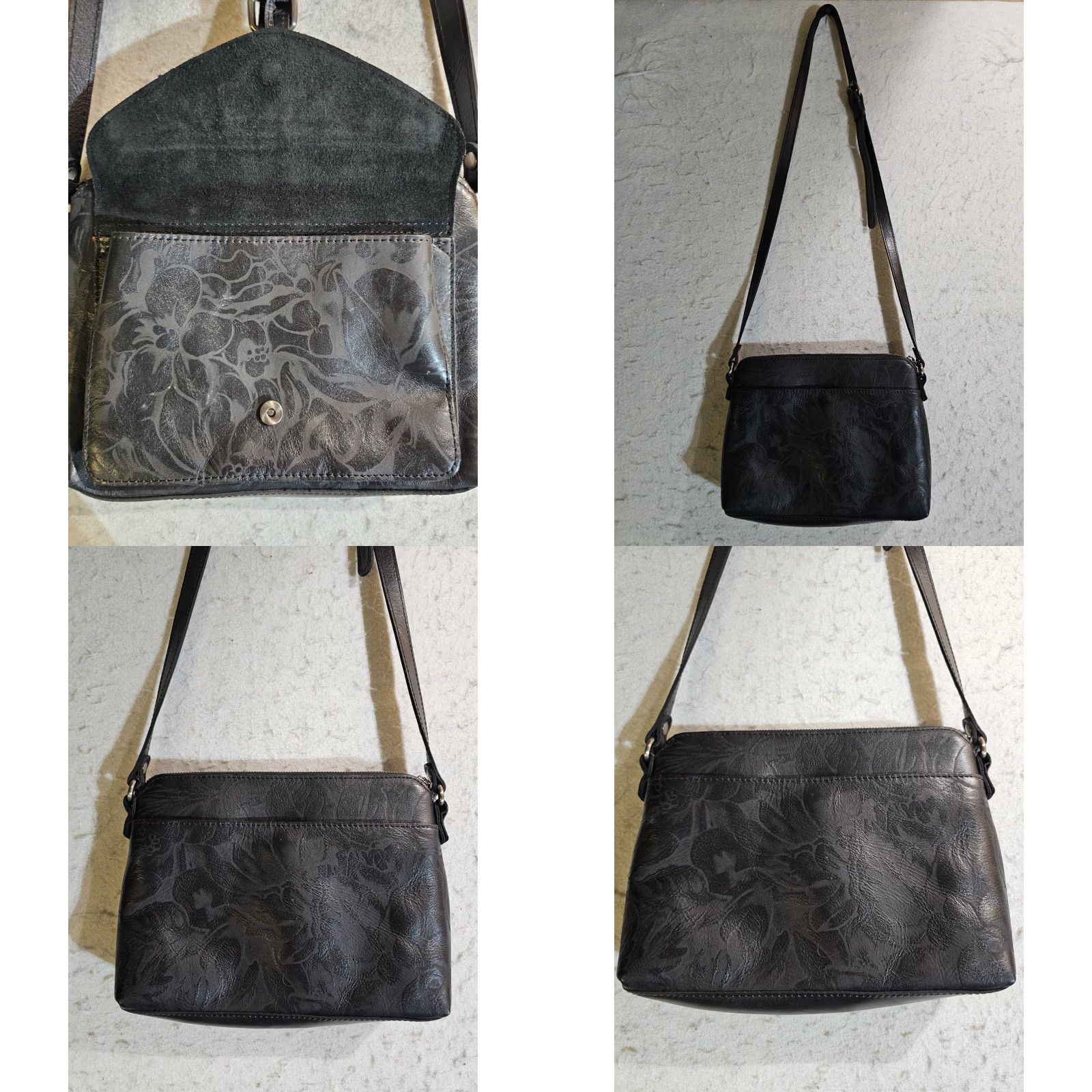Patricia Nash Patricia Nash Avellino Crossbody Handbag Black Embossed Leather Floral Design Size ONE SIZE - 8 Thumbnail