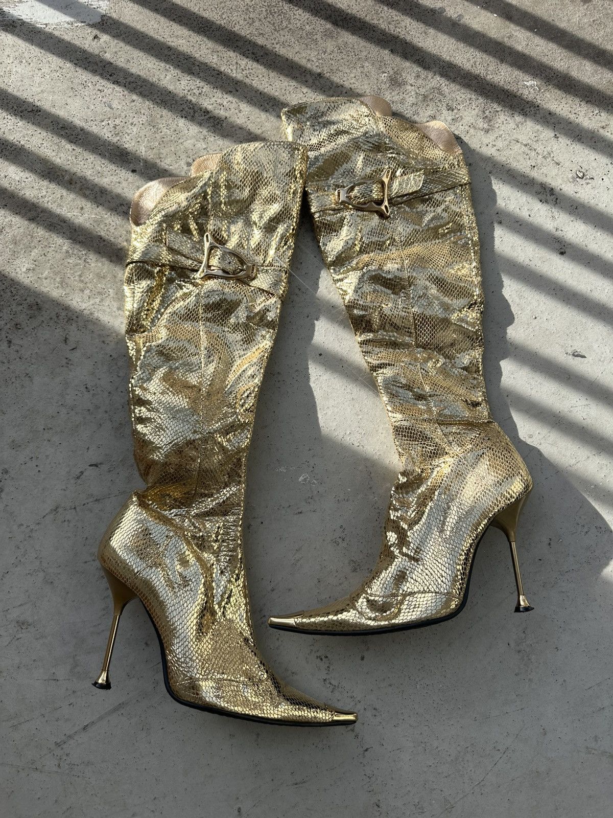 Vintage Gold Snakeskin Metallic Knee High Boots Avantgarde el Dantes Size US 8 / IT 38 - 1 Thumbnail