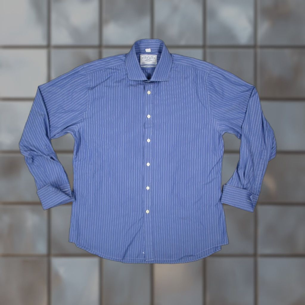 Charles Tyrwhitt VINTAGE Charles Tyrwhitt Dress Shirt Men 34 Slim Blue Stripe Long Sleeve Button Up French Cuffs Business Casual Wedding Collar Shirt Size 34R - 1 Thumbnail