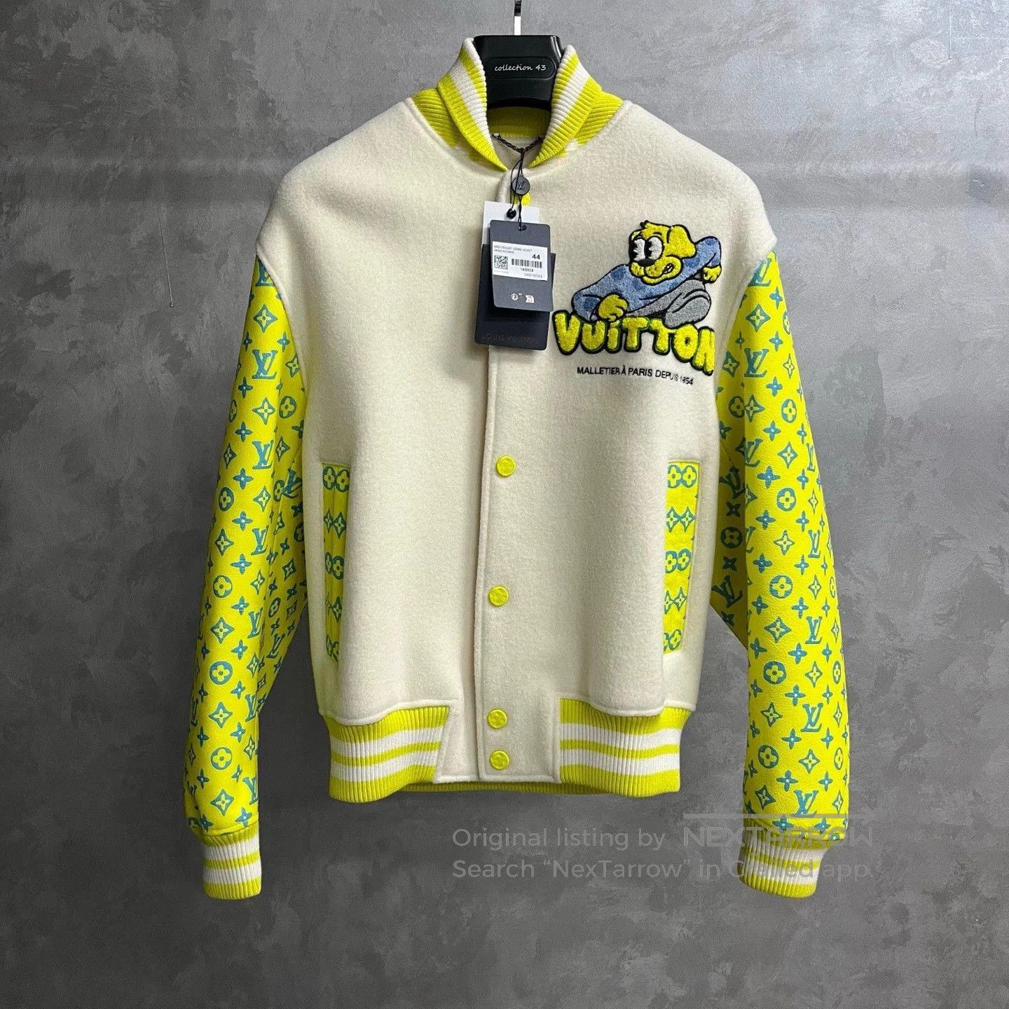 louis vuitton yellow baseball jacket with logo.