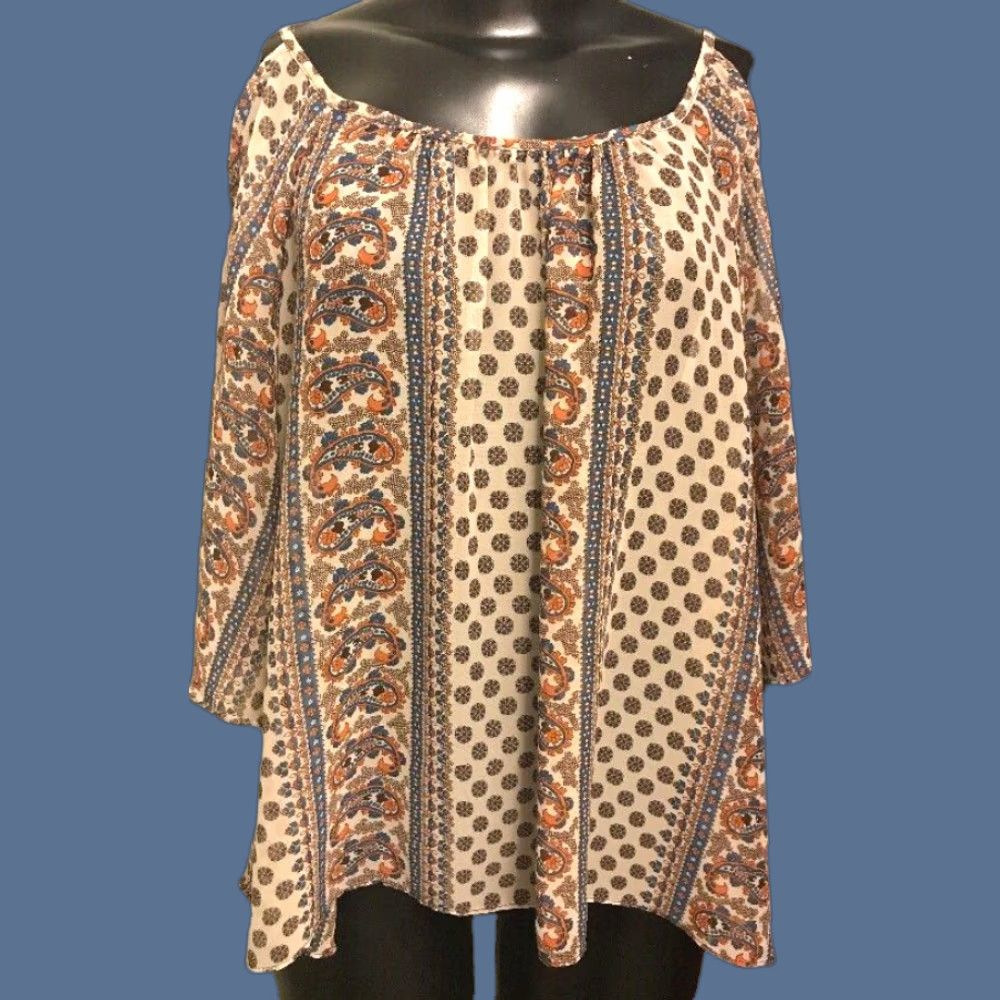Vintage Soprano Blouse Boho Paisley Short Sleeve Open Shoulder M Soprano Womens Boho Blouse Tan Blue Orange Brown 100% Polyester Size M / US 6-8 / IT 42-44 - 1 Thumbnail