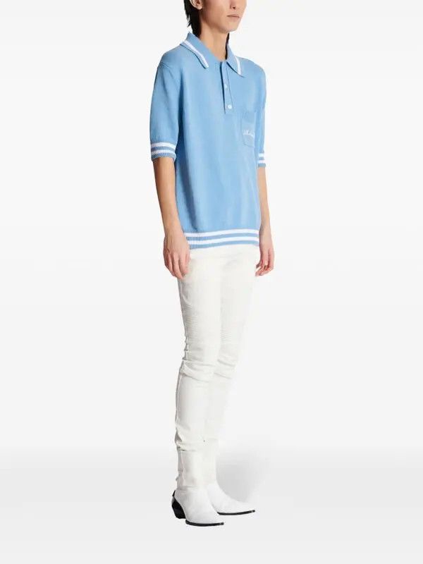 Balmain o1s1wg110925 Logo Embroidered Knitted Polo Shirt in Blue Size US L / EU 52-54 / 3 - 3 Thumbnail