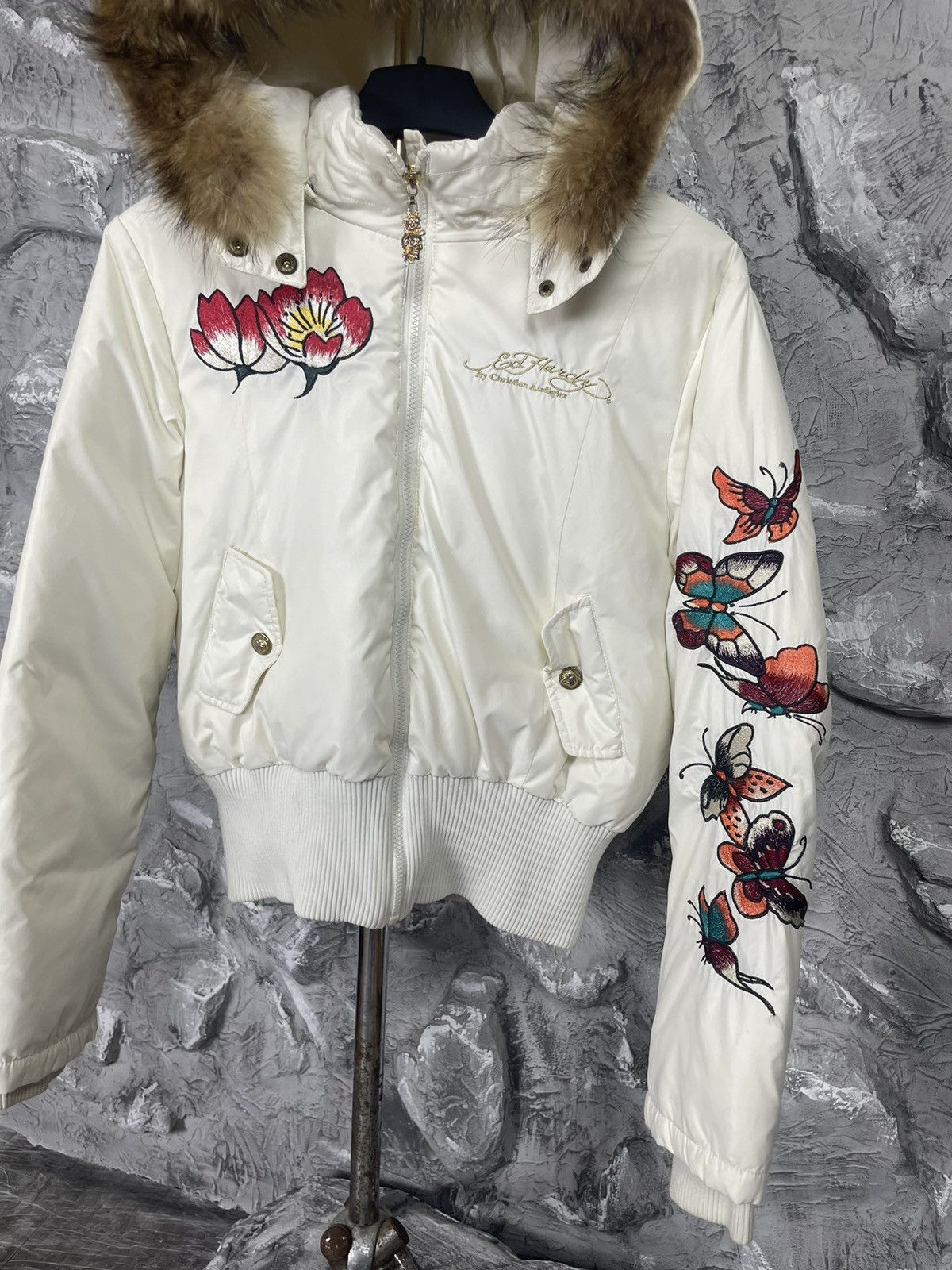 Ed Hardy Y2K Vintage Cropped Fur Jacket Japanese Style