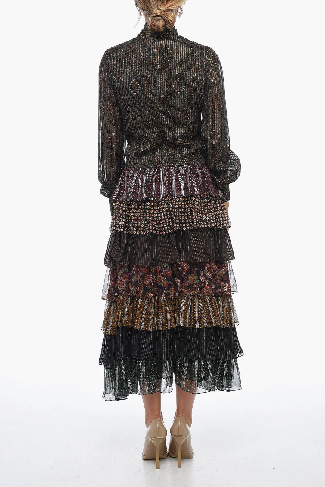 Celine og1mm0326 Tie-Neck Silk-Blend Ruffle Dress in Multicolor Size M / US 6-8 / IT 42-44 - 2 Thumbnail