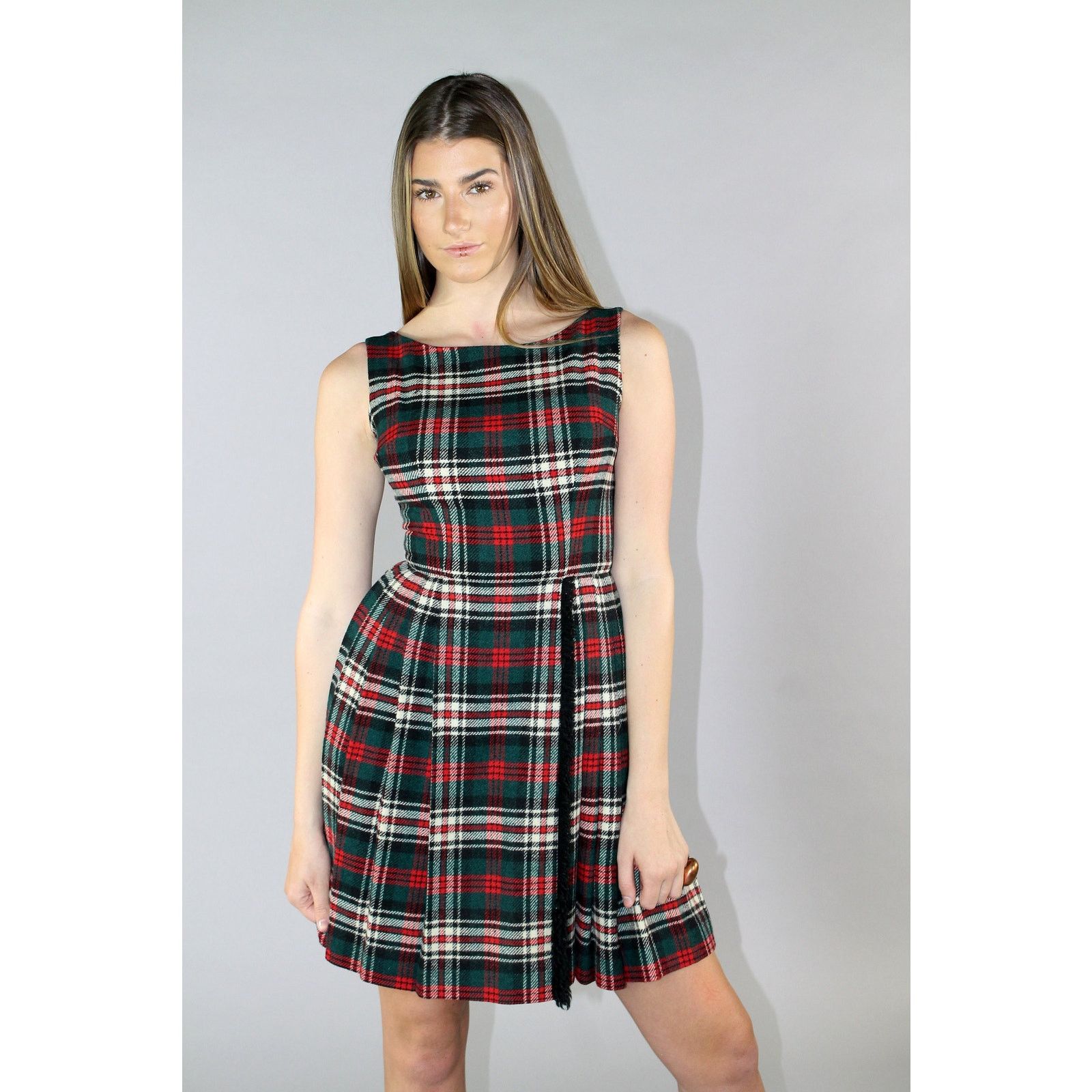 Vintage VTG 60s Highlander Plaid Pleated Mini Dress Academia Dress Size XS / US 0-2 / IT 36-38 - 5 Thumbnail