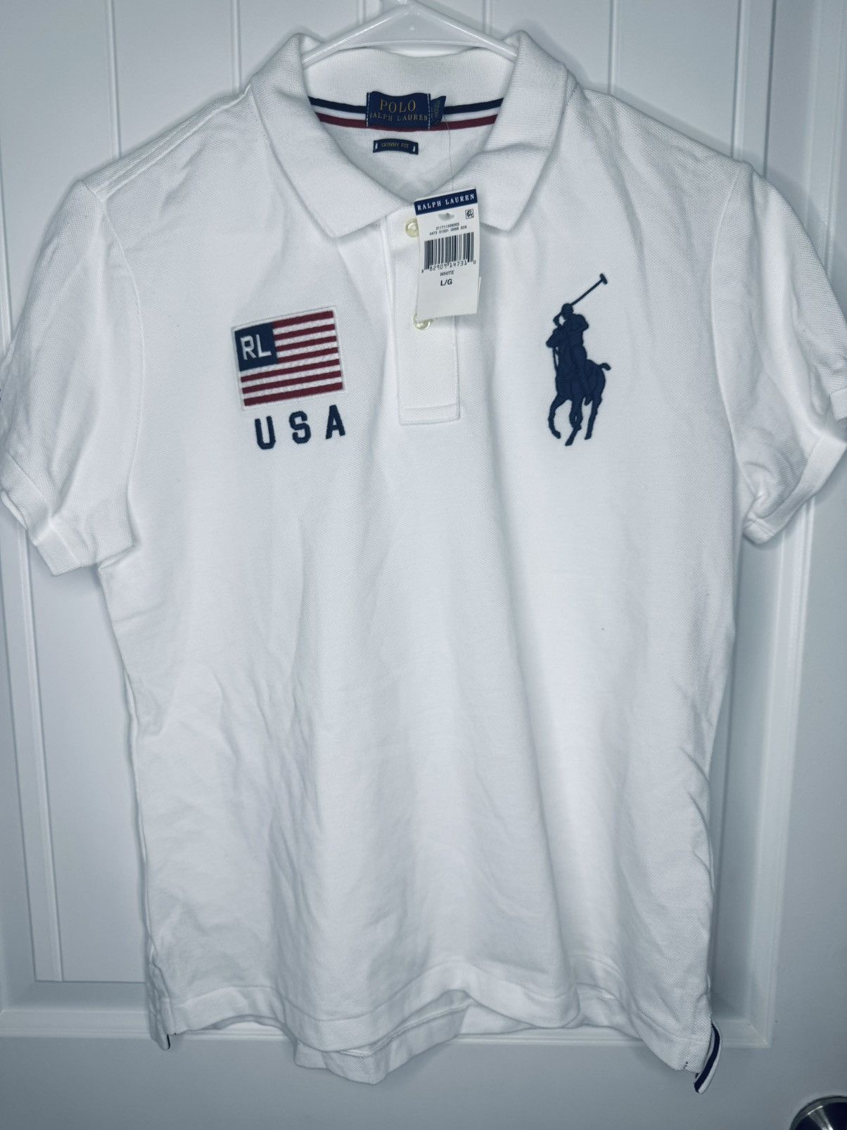 Polo Ralph Lauren Polo by Ralph Lauren White Fitted Polo with Navy & Red Trim Size L / US 10 / IT 46 - 1 Thumbnail