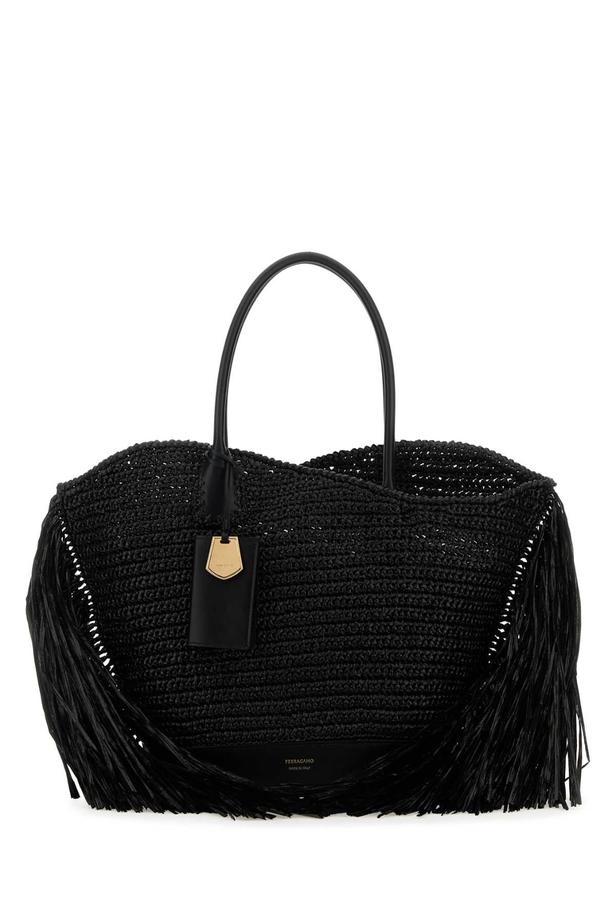 Salvatore Ferragamo Black Raffia And Leather Big Shopping Bag Size ONE SIZE - 1 Thumbnail