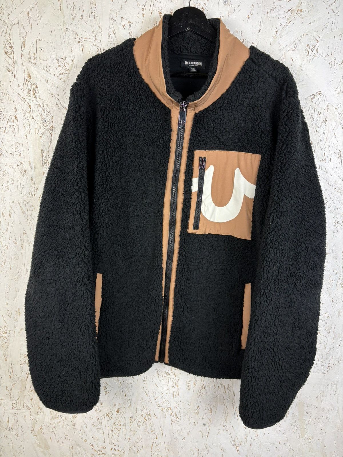 True Religion Logo Faux Shearling Zip Up Sherpa Jacket XL