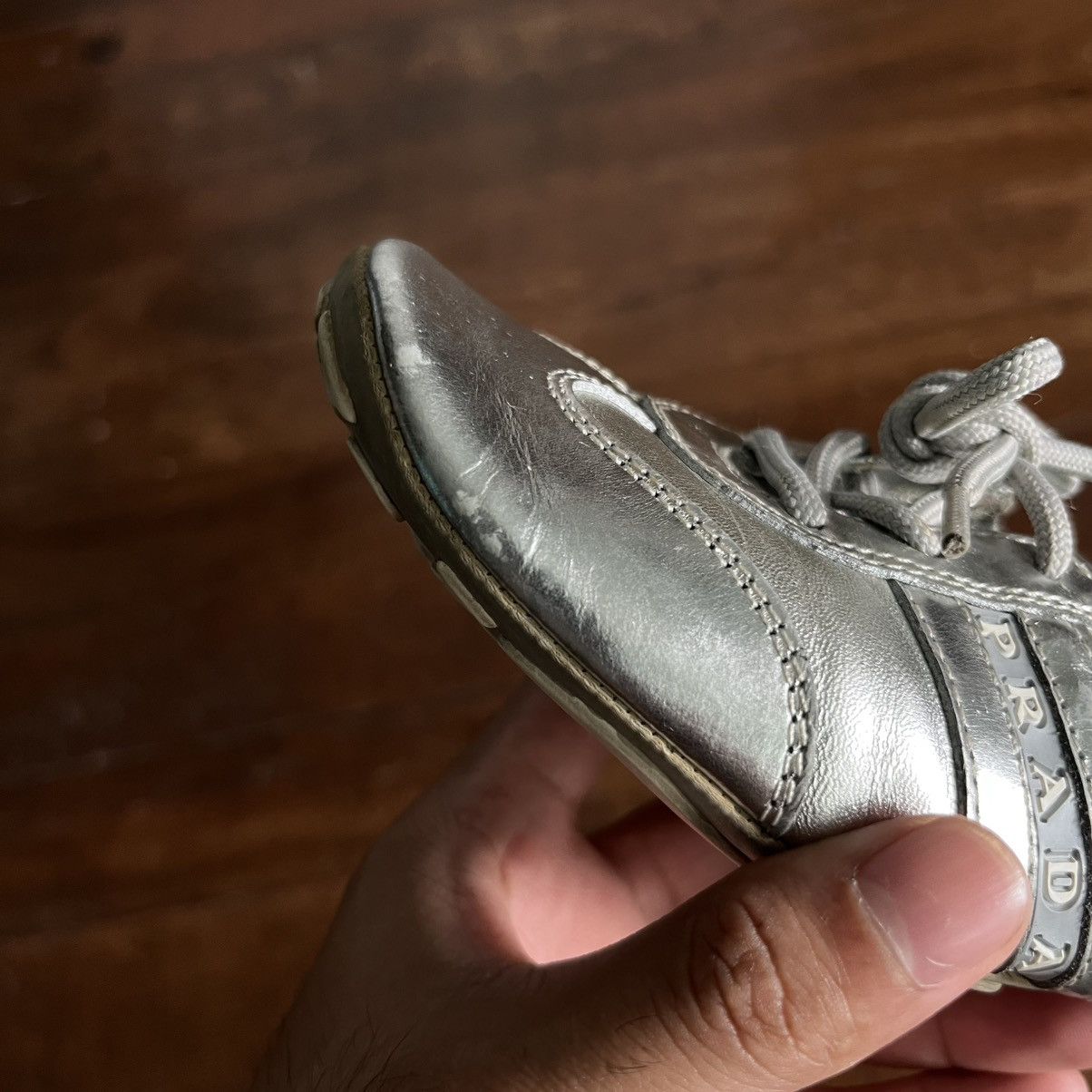 Prada Prada Sport Silver Leather Scrunch Lace Up Ballet Flats Size US 5 / IT 35 - 10 Thumbnail