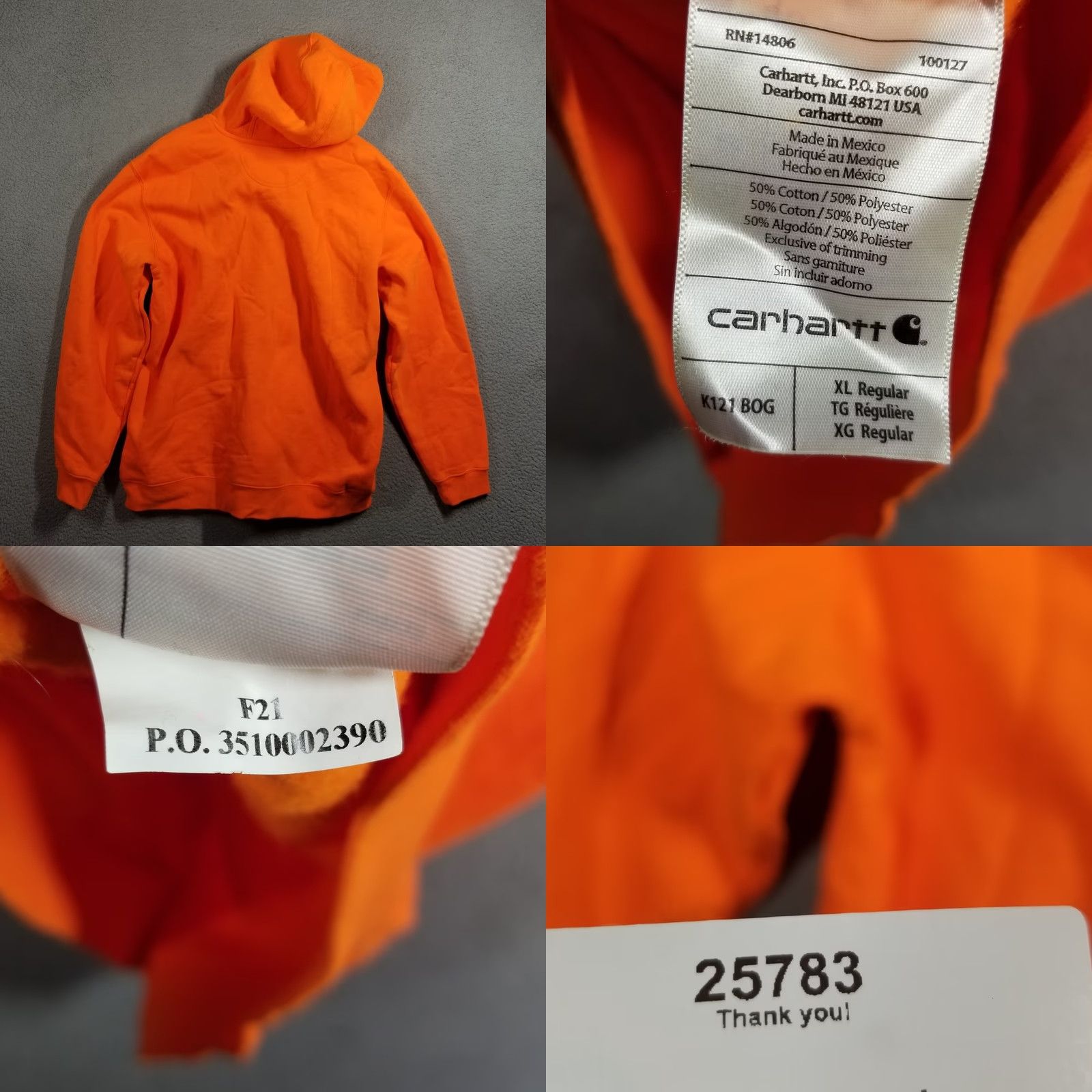 Carhartt Carhartt Hoodie Mens XL Orange Pullover Hooded Sweatshirt K121 BOG Workwear Size US XL / EU 56 / 4 - 8 Thumbnail