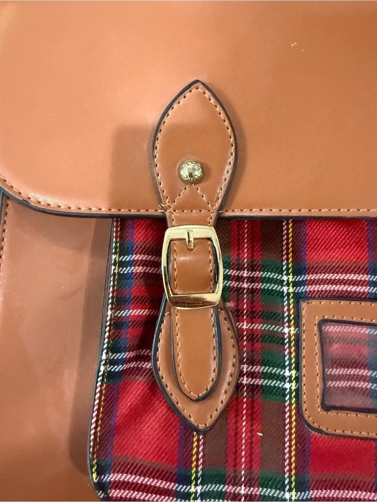 Robyn Lynch Tan Leather Satchel with Red Tartan Front Pocket Size ONE SIZE - 6 Thumbnail