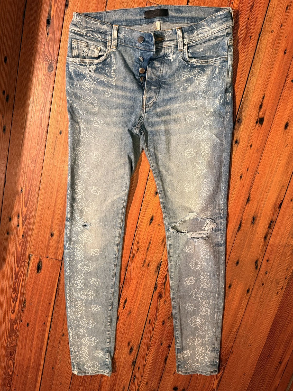 Amiri Amiri White Paisley Print Denim Size US 33 - 4 Thumbnail