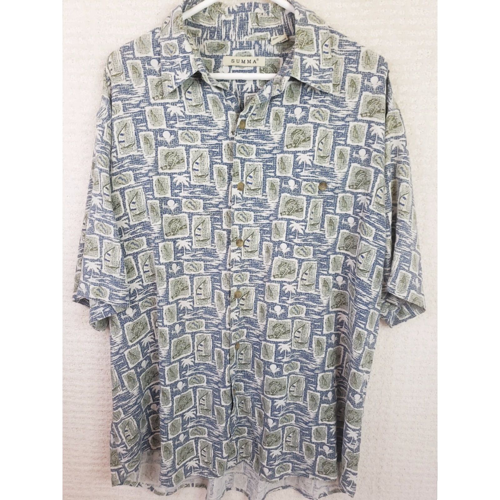 Vintage Summa Silk Shirt Mens L Lightweight Geometric Silk Button-Up Short Sleeve Collared Blue Green Vintage Size US L / EU 52-54 / 3 - 2 Thumbnail