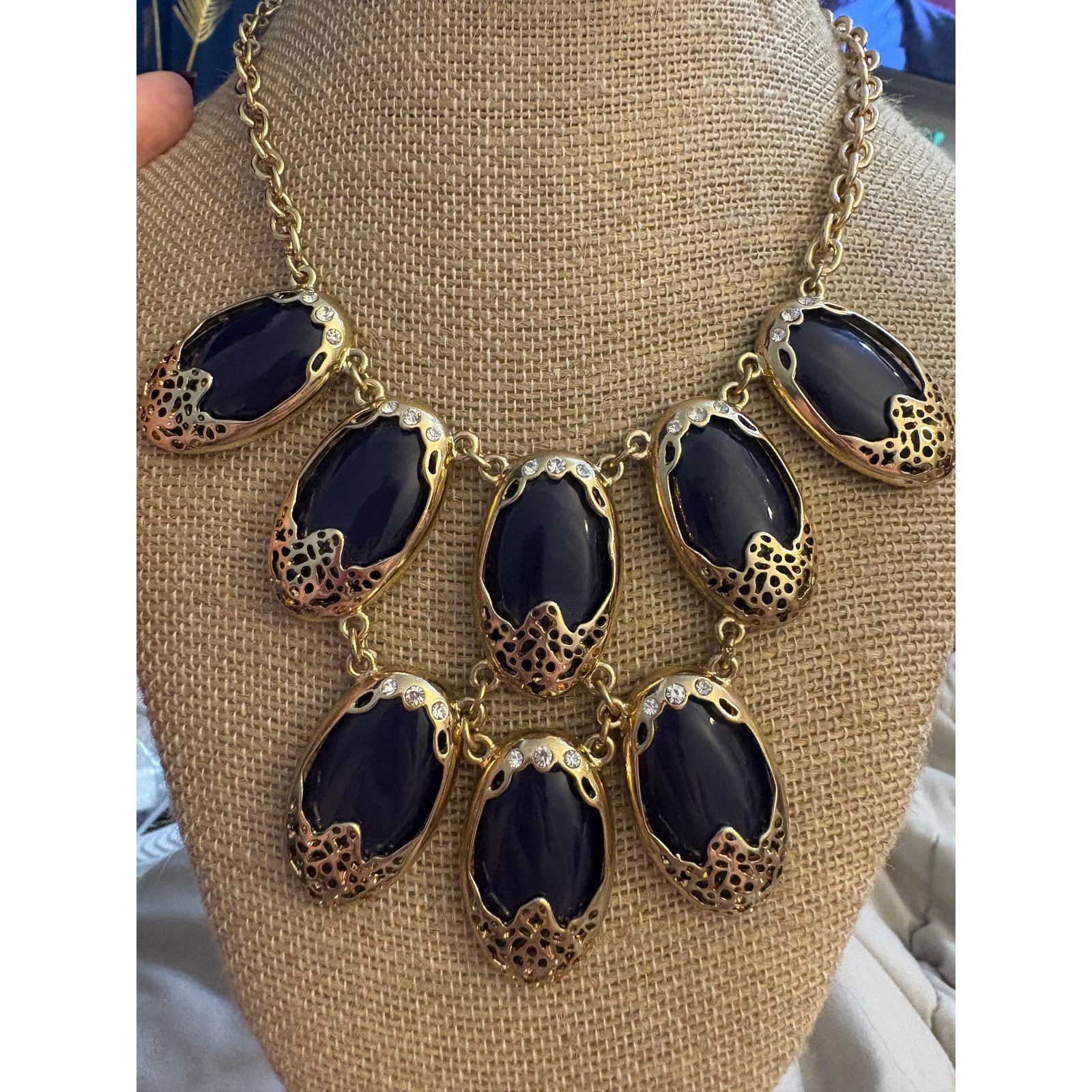 Other Vintage Gold Tone Blue Acrylic Statement Necklace 22” Size ONE SIZE - 4 Thumbnail