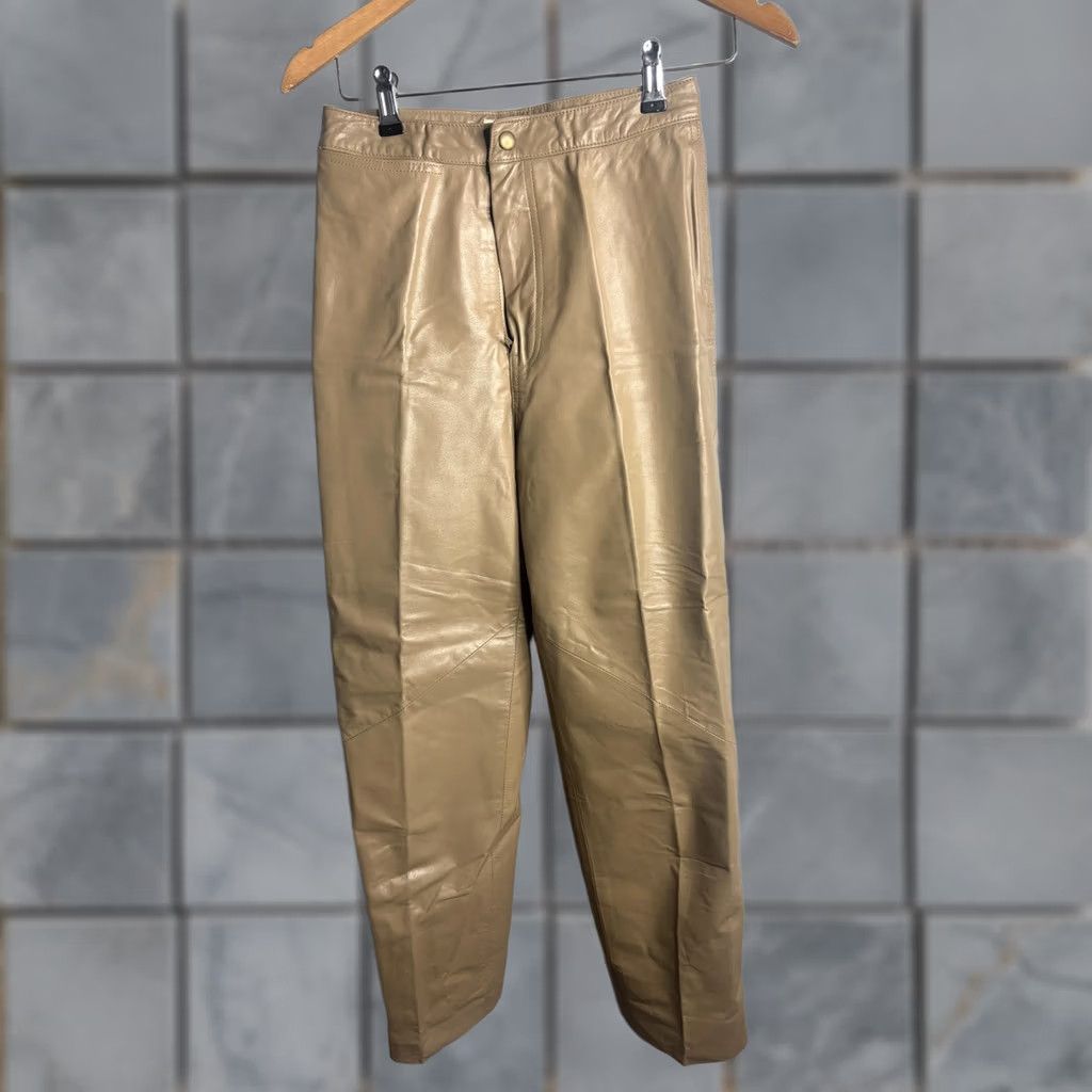 Vintage Vakko Pants Womens 29 Beige Leather Straight Leg Dress Trousers Zip Lined Size 29" - 1 Thumbnail