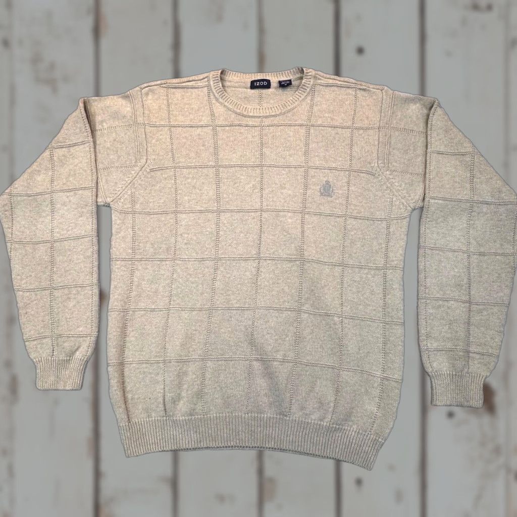 Izod VINTAGE IZOD BeIge Cotton Grid Knit Sweater Mens Medium Cre w Neck Cable Knit 90s Pullover logo Embroidered Size US M / EU 48-50 / 2 - 1 Thumbnail