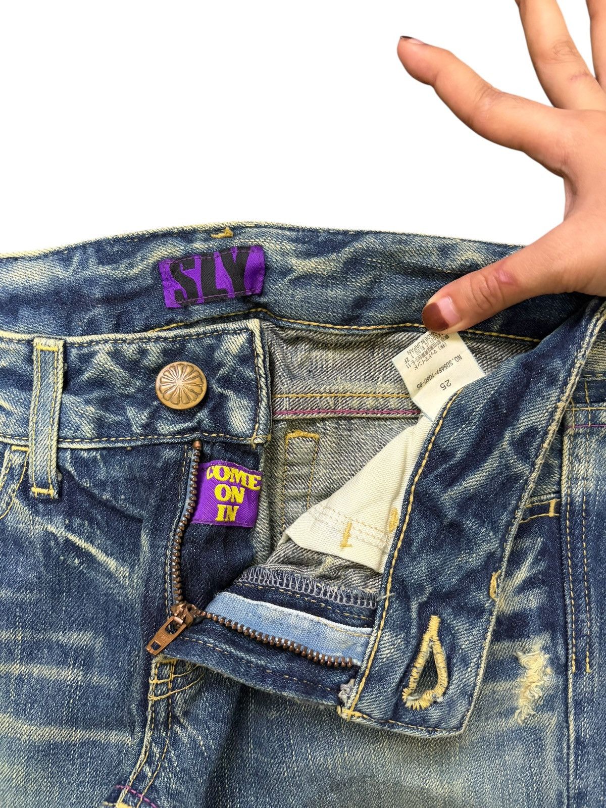 SLY Vintage Japanese Sly Sashiko Distress Low Rise Flare Jeans Size 28" / US 6 / IT 42 - 5 Thumbnail