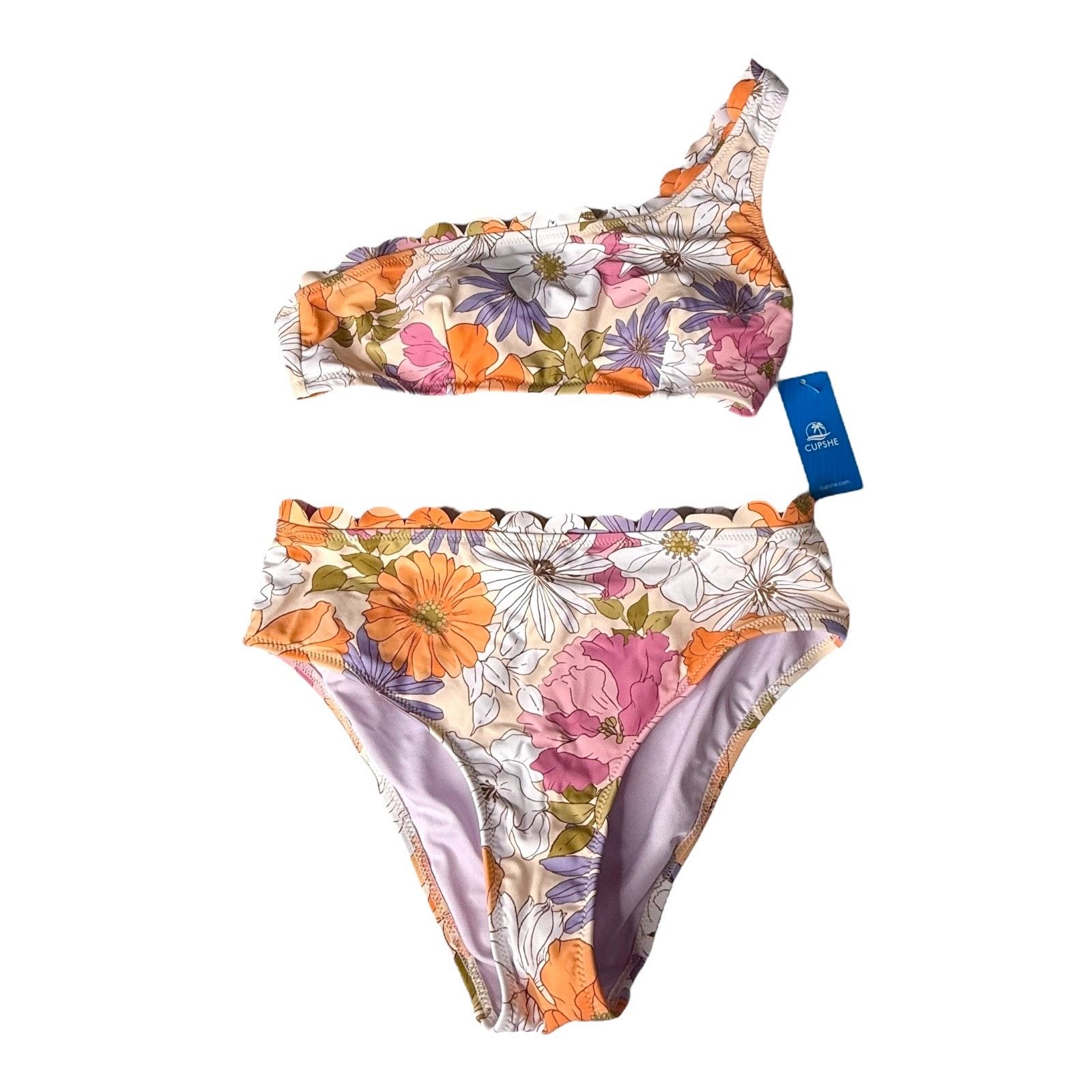Vintage New Women Sm Cupshe Swimsuit One-Shoulder Top Hipster Bikini in Pink