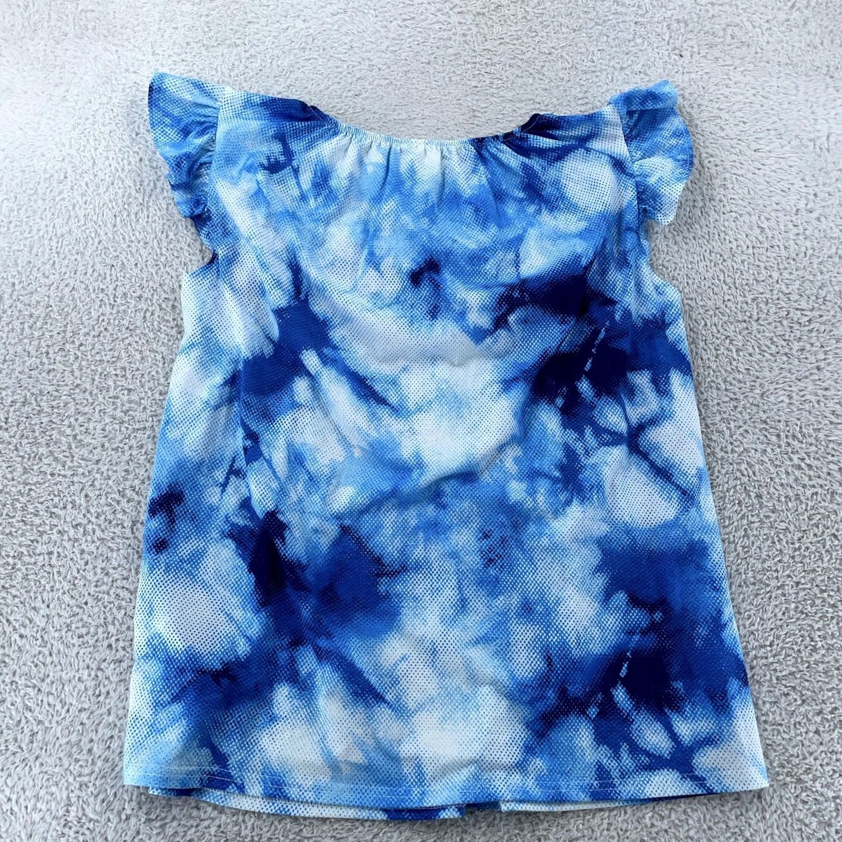 Vintage LuLaRoe Stasha Ruffle Shirt Womens Large Blue Tie Dye Flutter Sleeve Boho Blouse Size L / US 10 / IT 46 - 3 Thumbnail