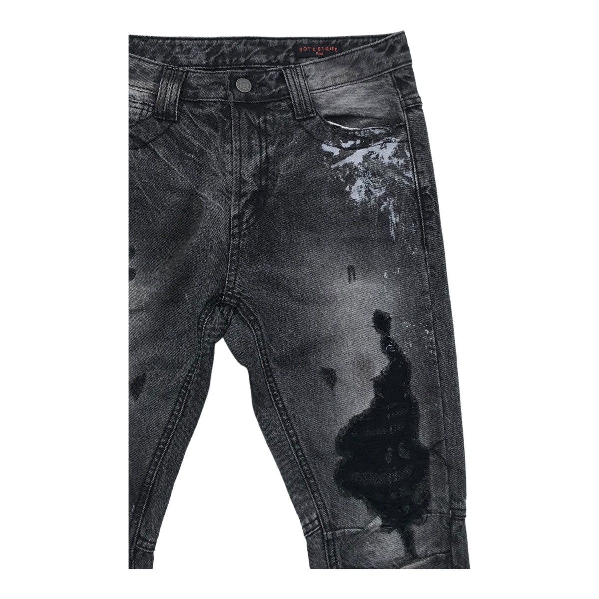 Japanese Brand Dot & Stripe Paint Splash Distressed Black Skinny Denim Pant Size US 31 - 5 Thumbnail