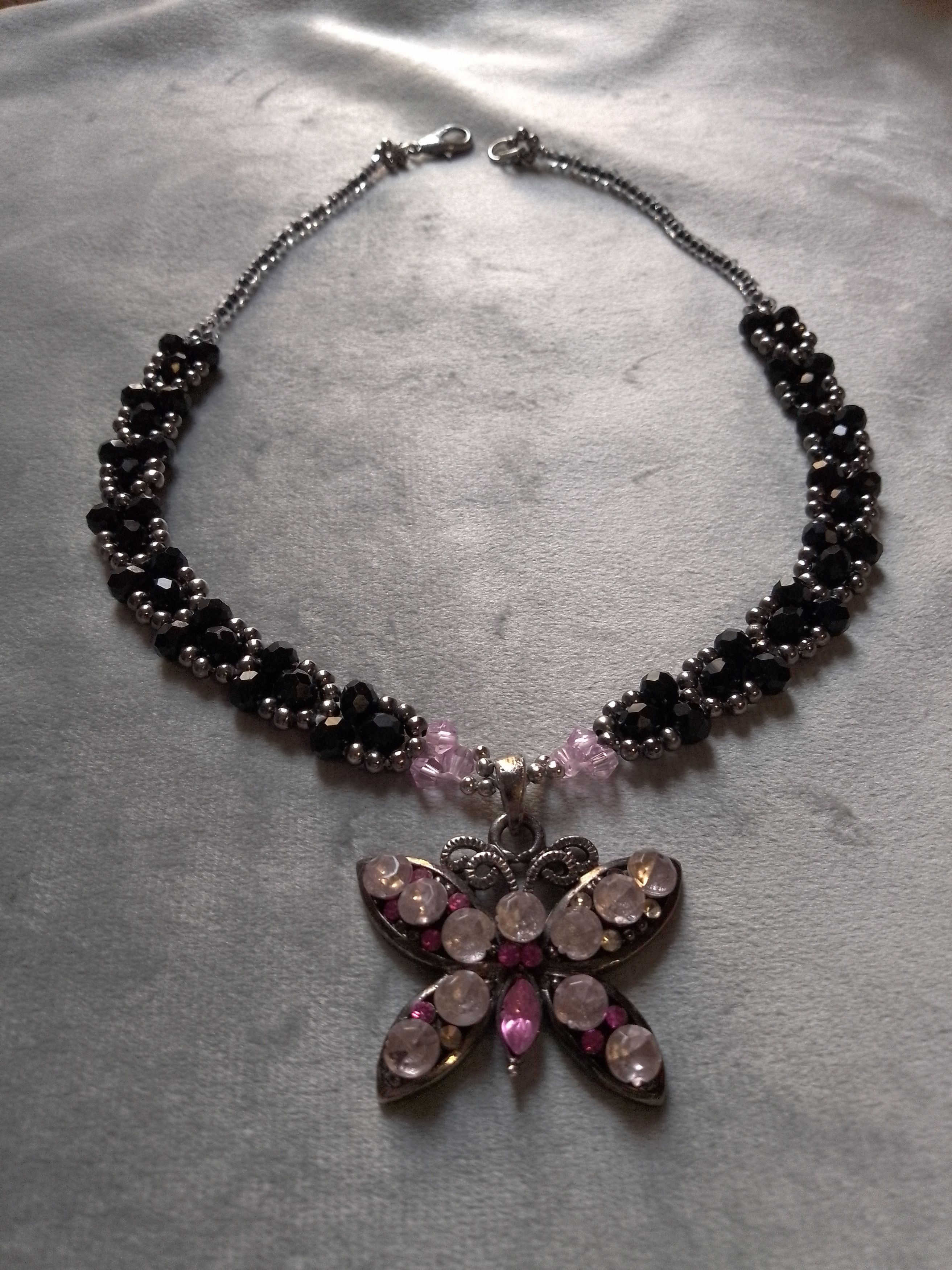 Handmade Black necklace with vintage Butterfly jewel pendant charm Size ONE SIZE - 9 Thumbnail