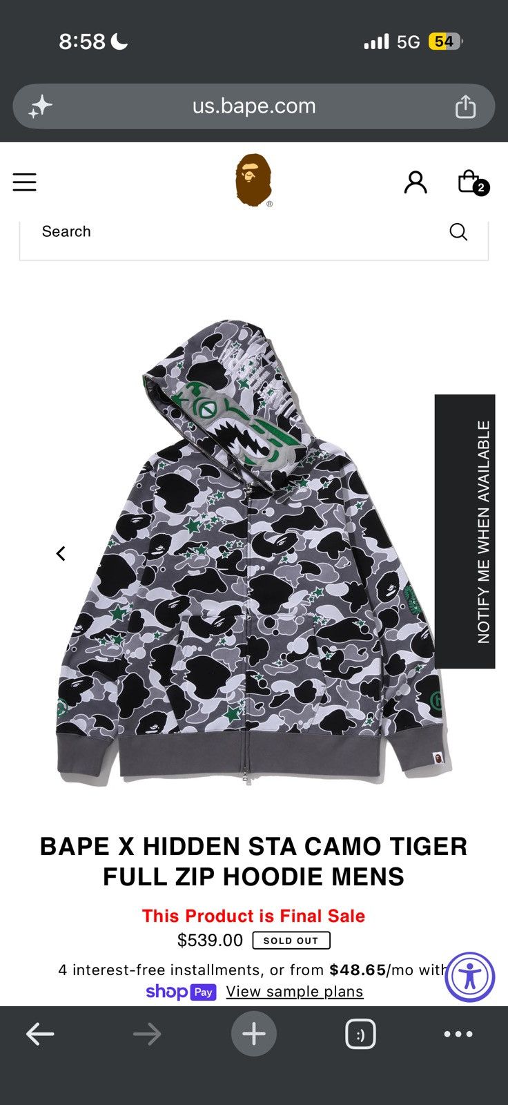 Bape BAPE X HIDDEN STA CAMO TIGER FULL ZIP HOODIE Size US XL / EU 56 / 4 - 18 Thumbnail