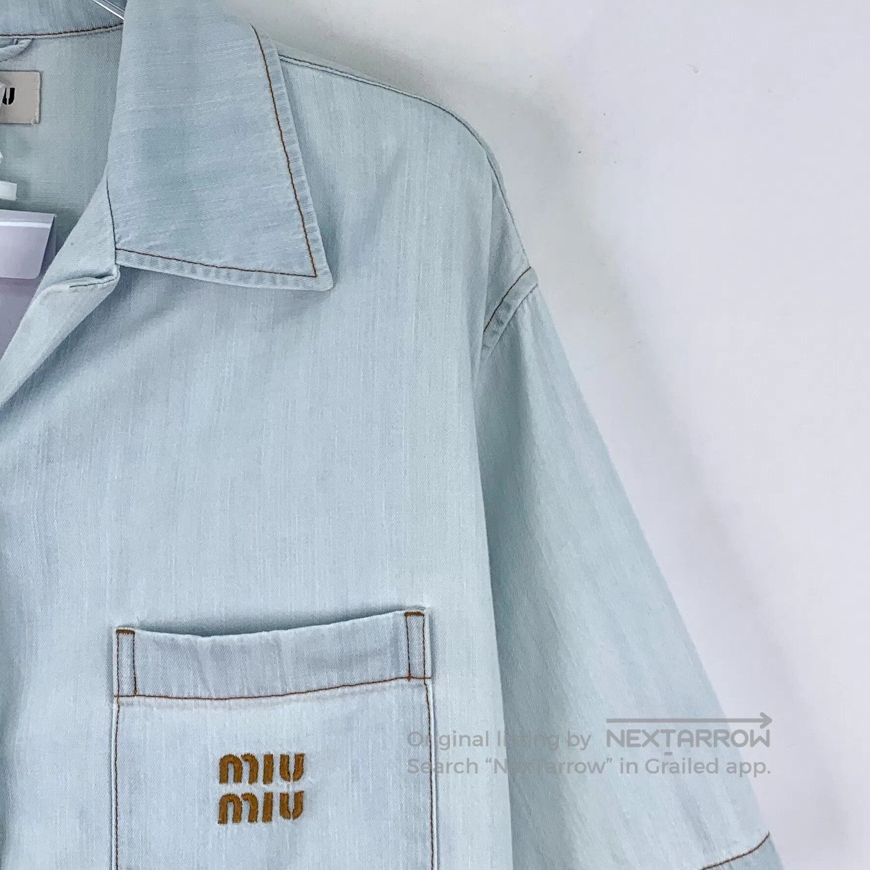Miu Miu Miu Miu Light Blue Pocket Logo Embroidered Cotton Lapel Si Size XS / US 0-2 / IT 36-38 - 3 Thumbnail