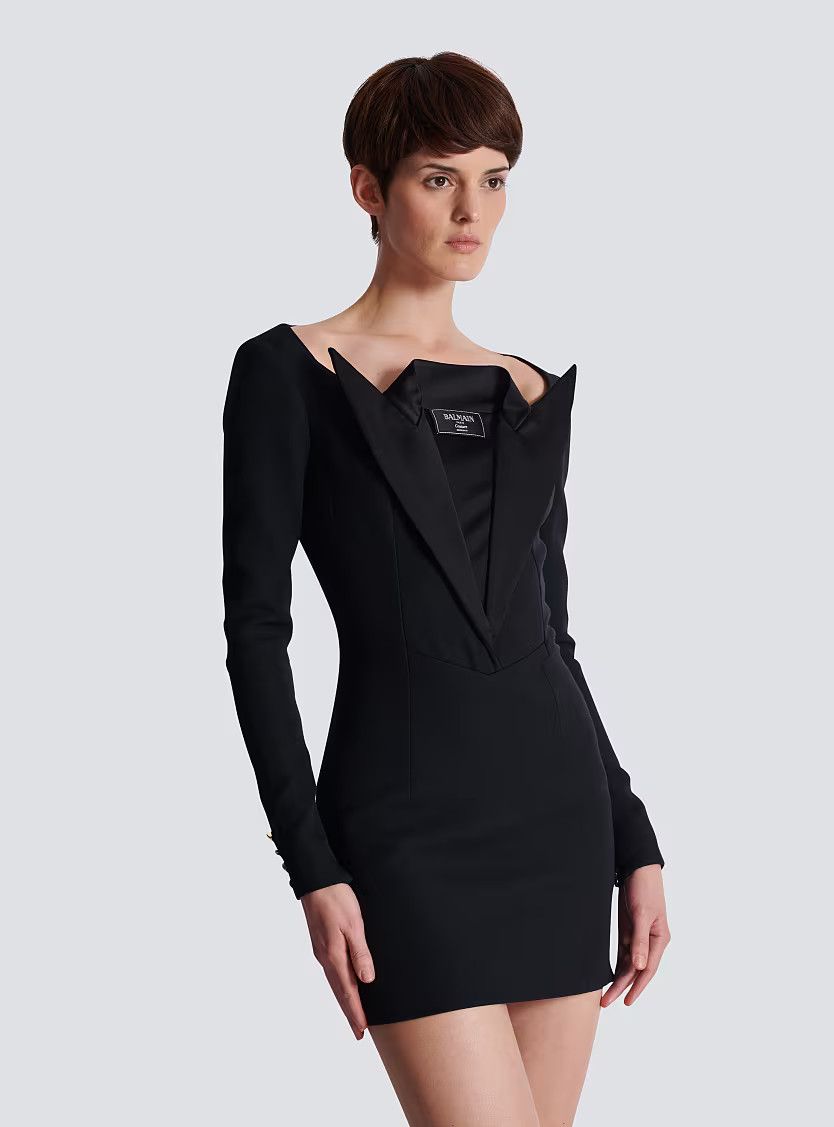 Balmain o1s1wg111225 Open Neck Double Collar Mini Dress in Black Size XL / US 12-14 / IT 48-50 - 5 Thumbnail