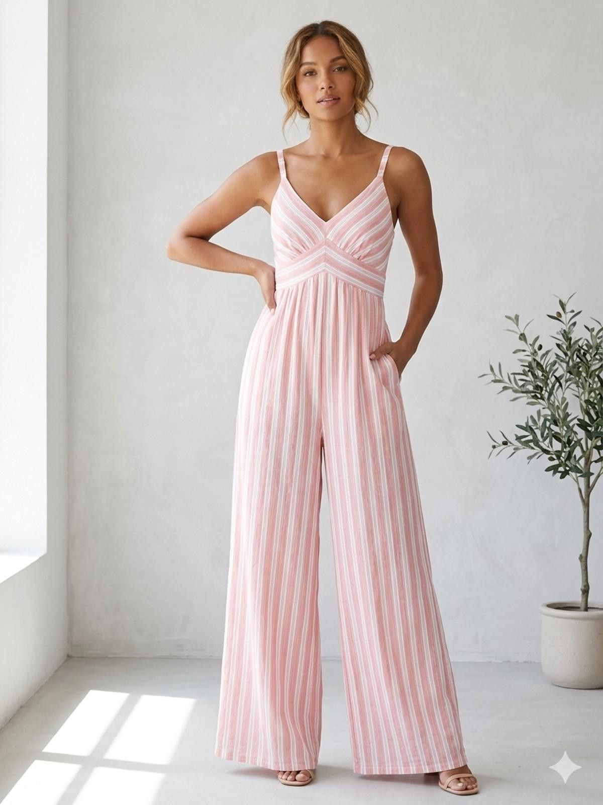 American Eagle Outfitters American Eagle coral & White Striped WideLeg Jumpsuit L NWOT Size 36" / US 14 / IT 50 - 1 Thumbnail