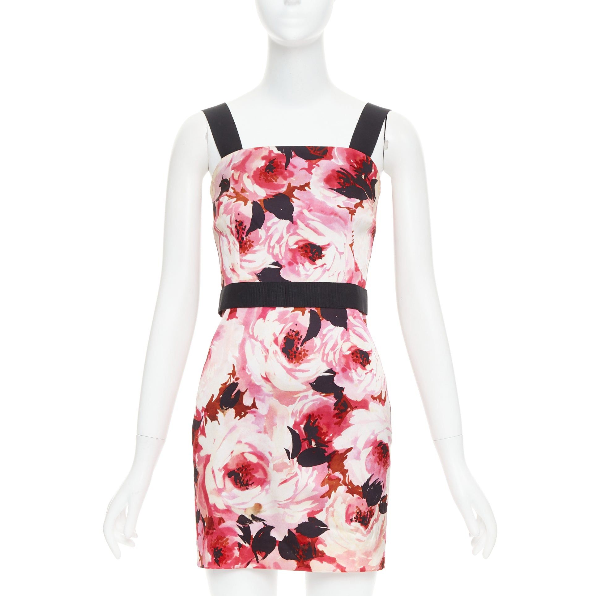 Dolce & Gabbana DOLCE GABBANA Vintage pink rose peonies floral black strap mini dress IT40 S Size S / US 4 / IT 40 - 1 Thumbnail