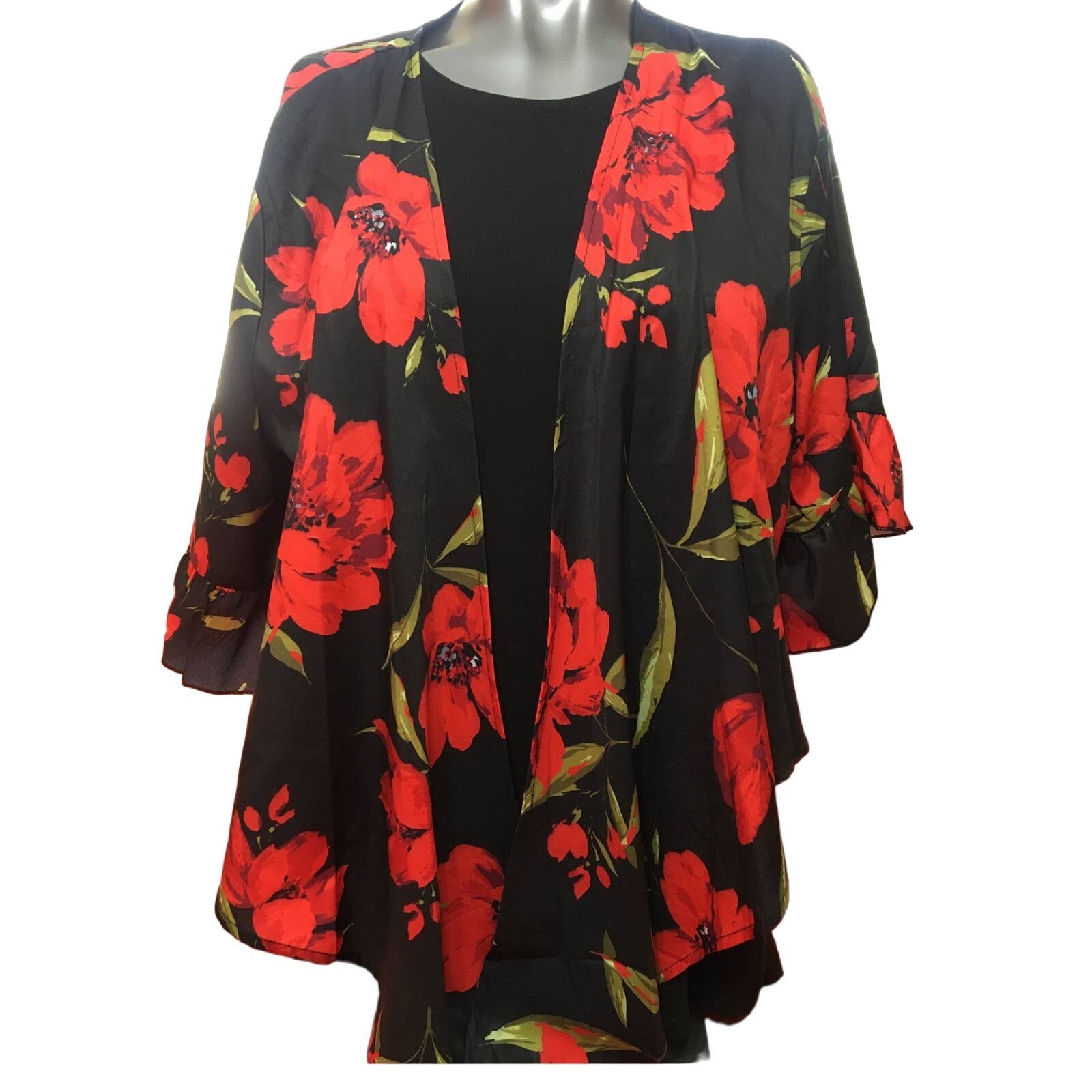 Shein Sheen Curve 1XL Red Floral Black Short Ruffle Sleeve Tie Top Size XL / US 12-14 / IT 48-50 - 1 Thumbnail