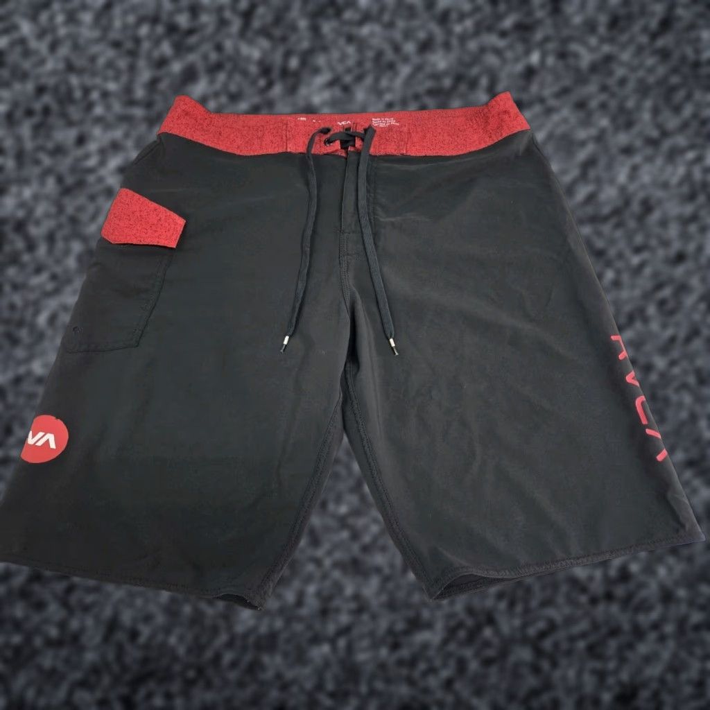 RVCA RVCA Board Shorts Black/Red 34 Surfer 4 Way Stretch Side Pocket Zip Mens Bottom Beach Band Swimwear Size US 34 / EU 50 - 1 Thumbnail