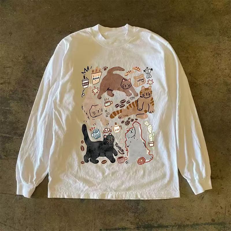 Japanese Brand White washed vintage cat print long-sleeved t-shirt Size US M / EU 48-50 / 2 - 1 Thumbnail