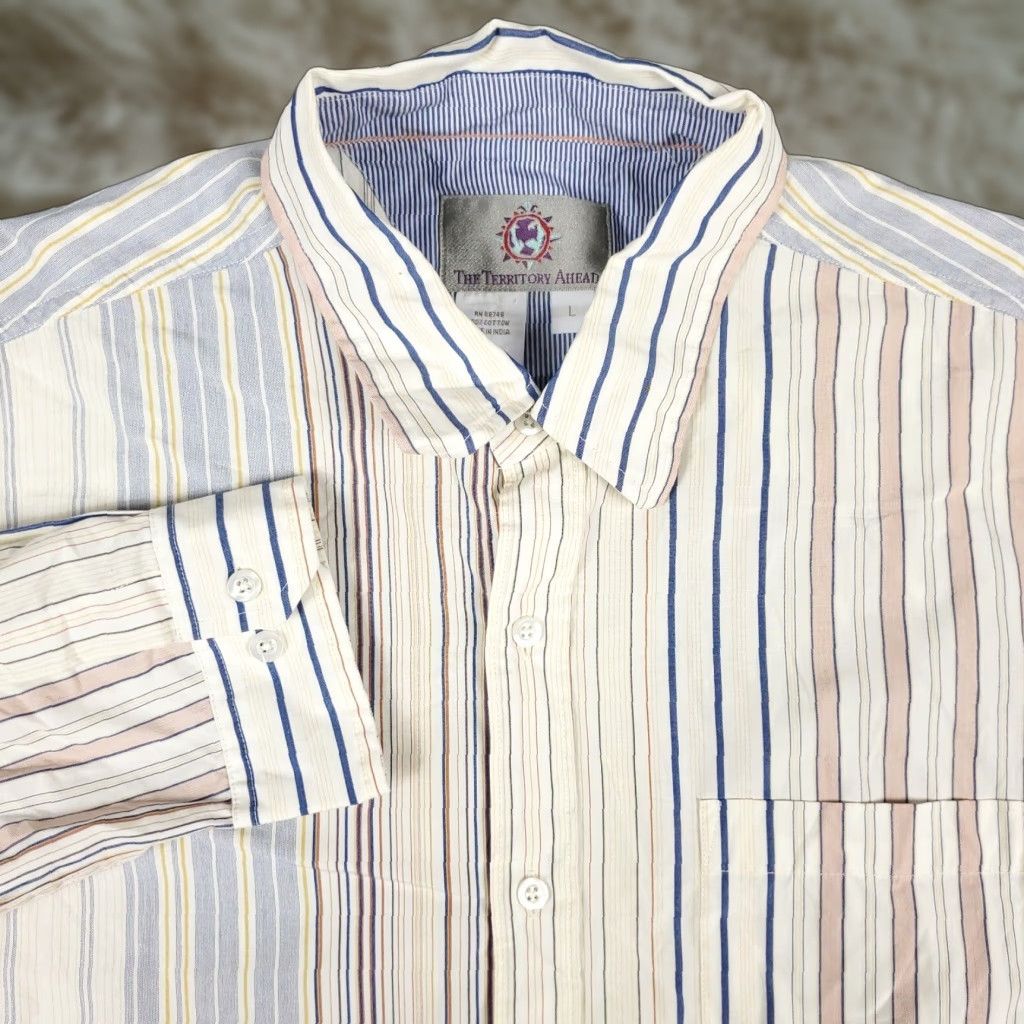 The Territory Ahead Territory Ahead Beige Striped Dress Shirt Mens L Button Up Long Sleeve 100% Cotton Casual/Business, Classic Pattern Size US L / EU 52-54 / 3 - 1 Thumbnail