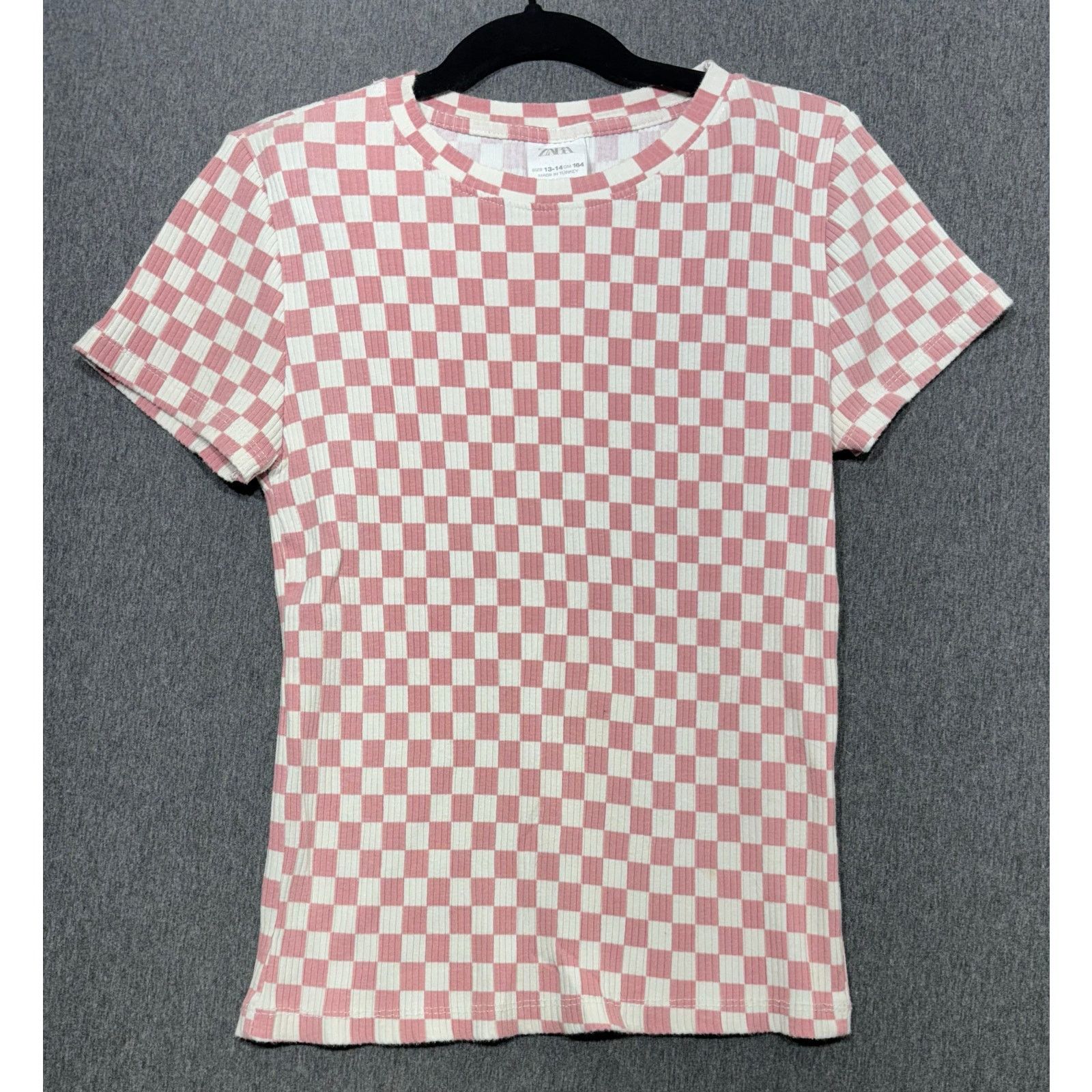 Zara ZARA | Girl's Youth Pink White Checkered T-Shirt | 13-14 Size XL / US 12-14 / IT 48-50 - 1 Thumbnail