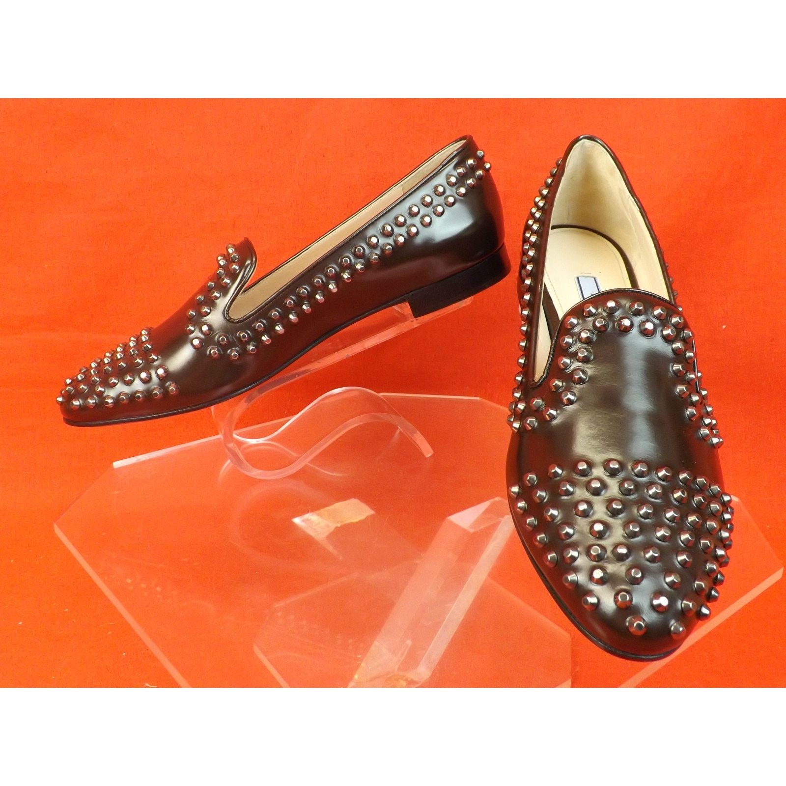 Prada PRADA 1S275E BROWN LEATHER SILVER METAL STUDS FLATS 35.5 Size US 5.5 / IT 35.5 - 8 Thumbnail