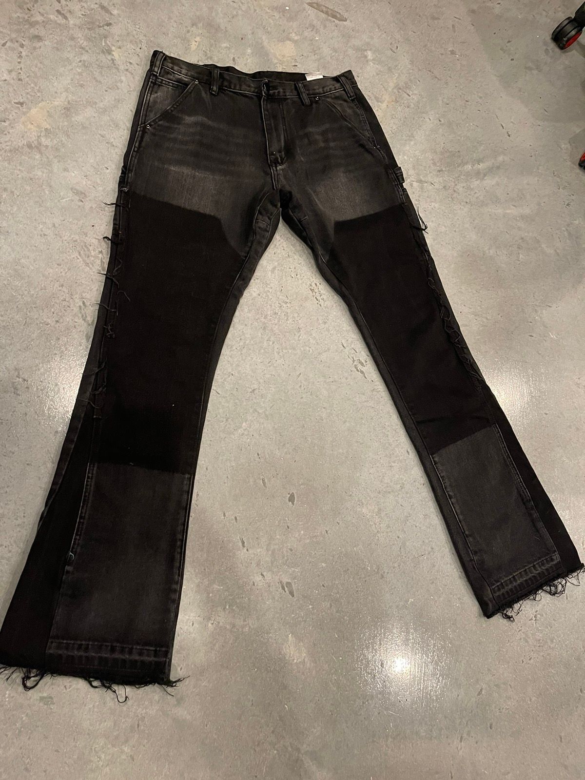 MNML Double Knee Black Denim Flair Jeans | Grailed