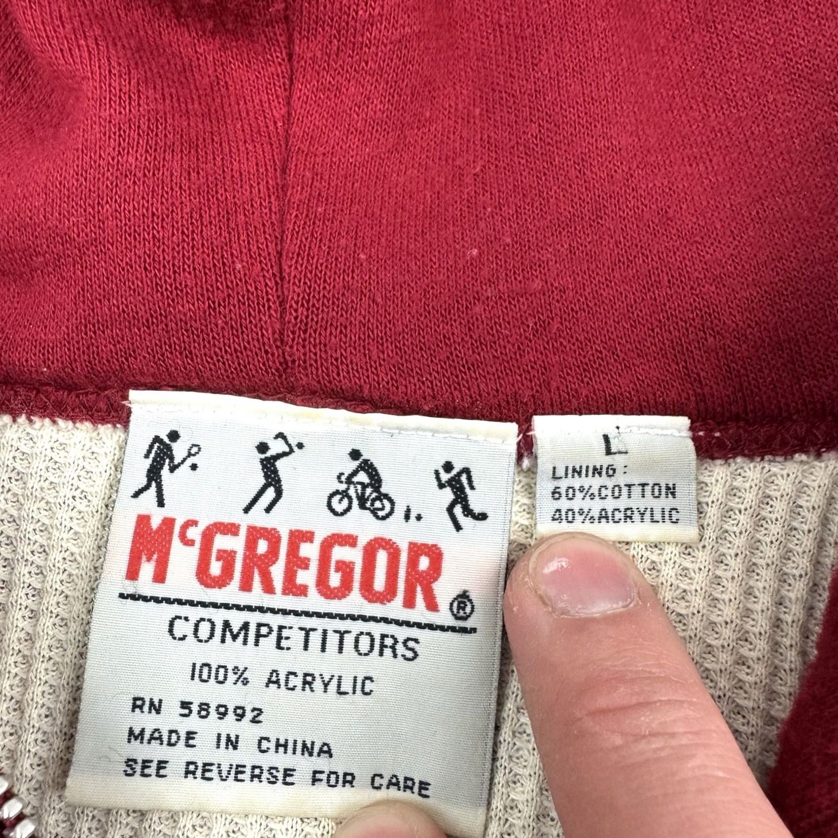 McGregor VINTAGE McGregor Hoodie Adult Large Full Zip Thermal Red 80s Grunge 90s Mens Size US L / EU 52-54 / 3 - 6 Thumbnail
