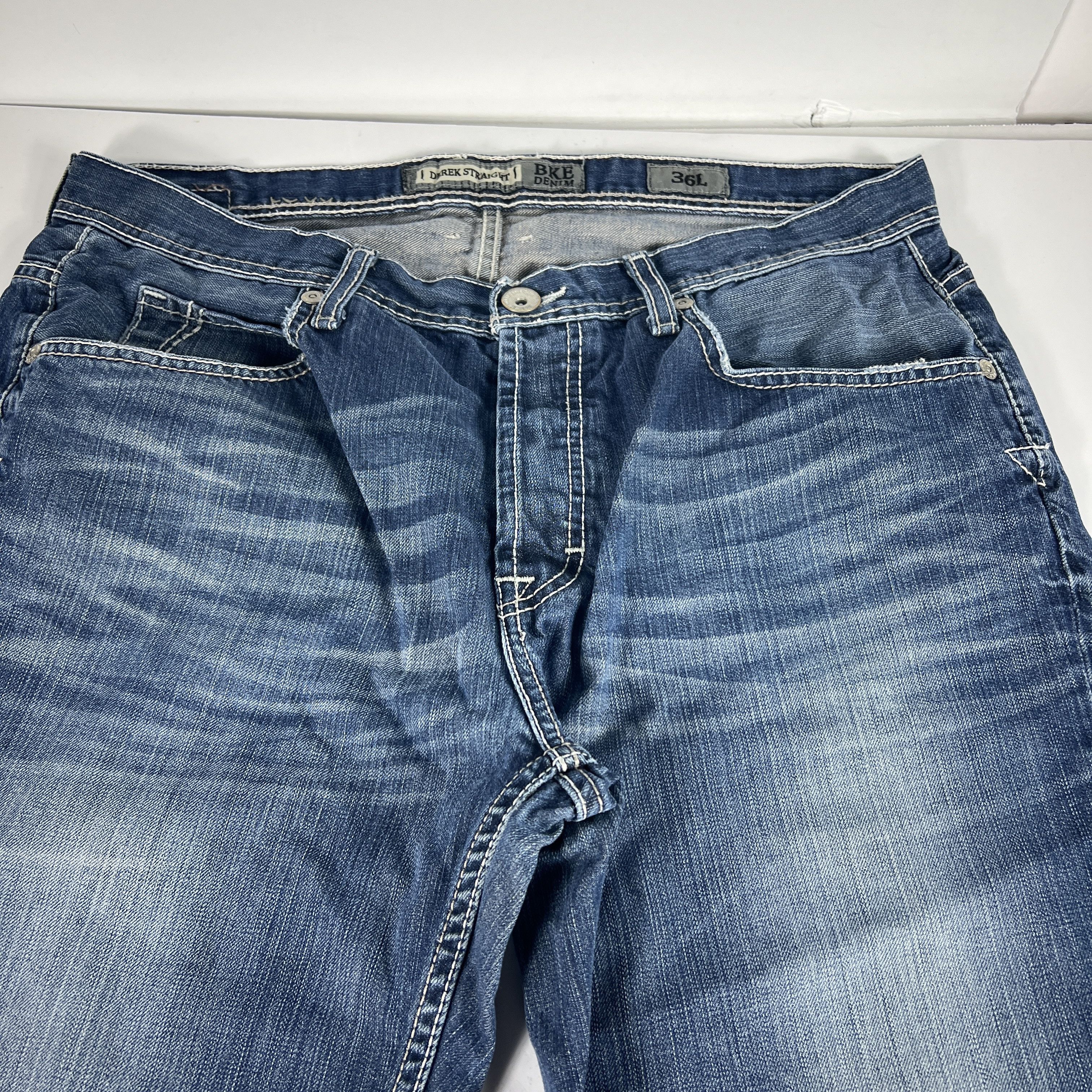 BKE BKE Jeans Long Derek Straight Blue Faded Whisker Denim Size US 37 - 3 Thumbnail
